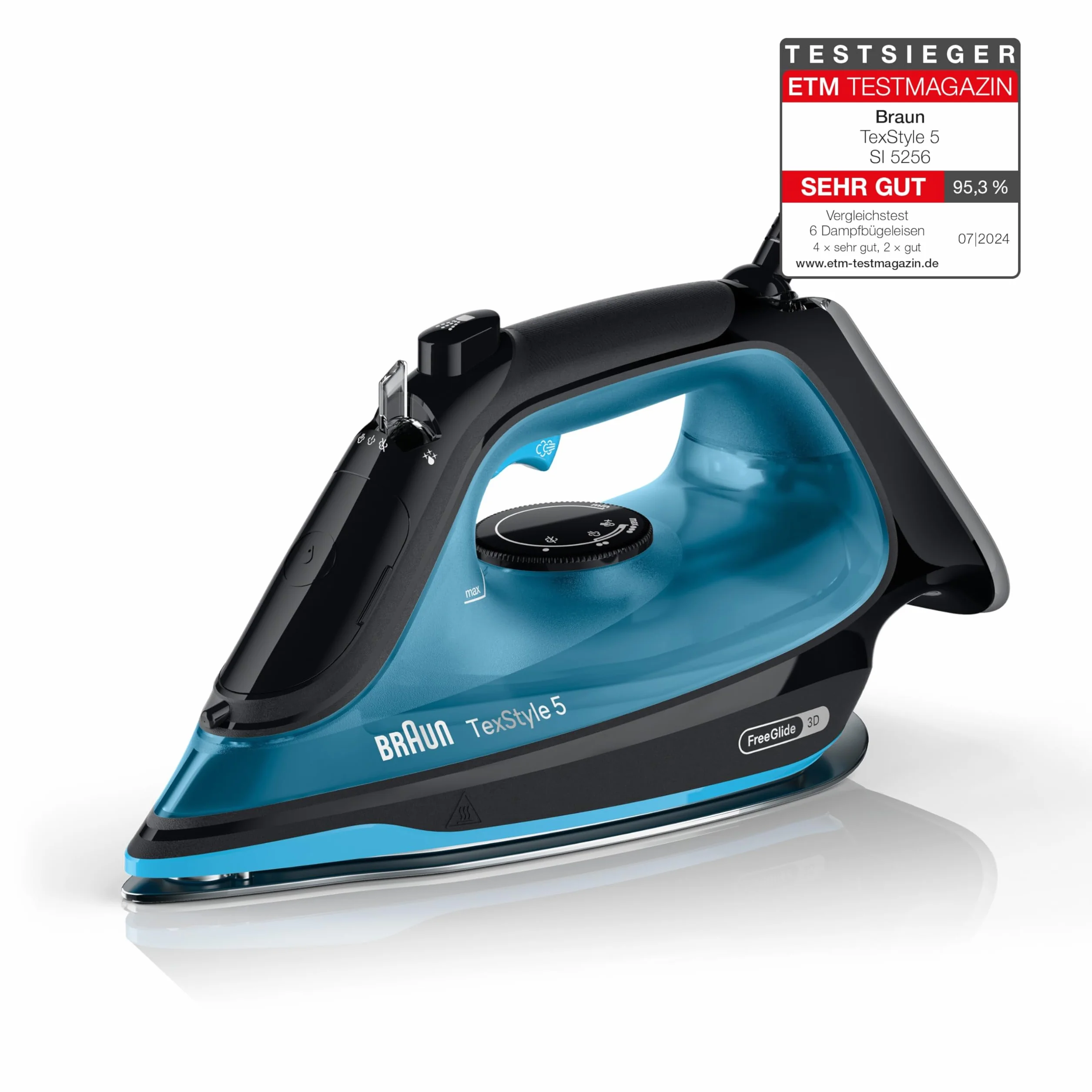Braun TexStyle 5 SI5256BL, żelazko z płytką FreeGlide 3D SuperCeramic, precyzyjna końcówka, ergonomiczny otwarty uchwyt, ładowanie 300 ml, system zapobiegający kapaniu, uderzenie pary 210 g/min, 2600