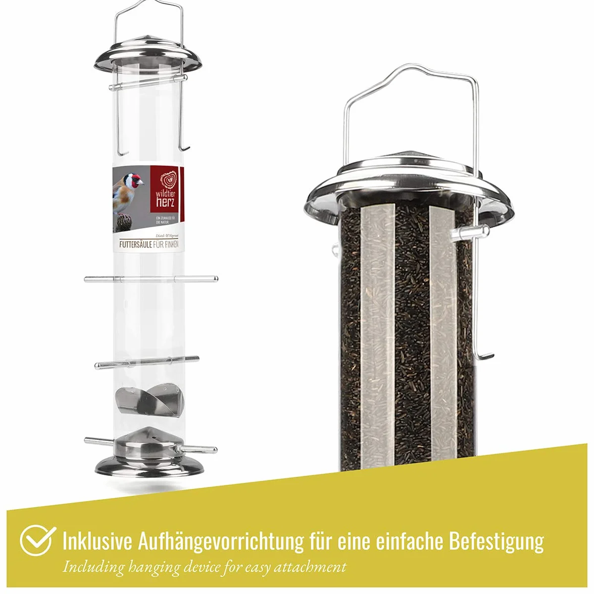 wildtier herz I 38cm karmnik dla ptaków, wykonany ze stali nierdzewnej, karmnik dla ptaków, stacja karmienia ptaków, karmnik dla dzikich ptaków silos, srebrny