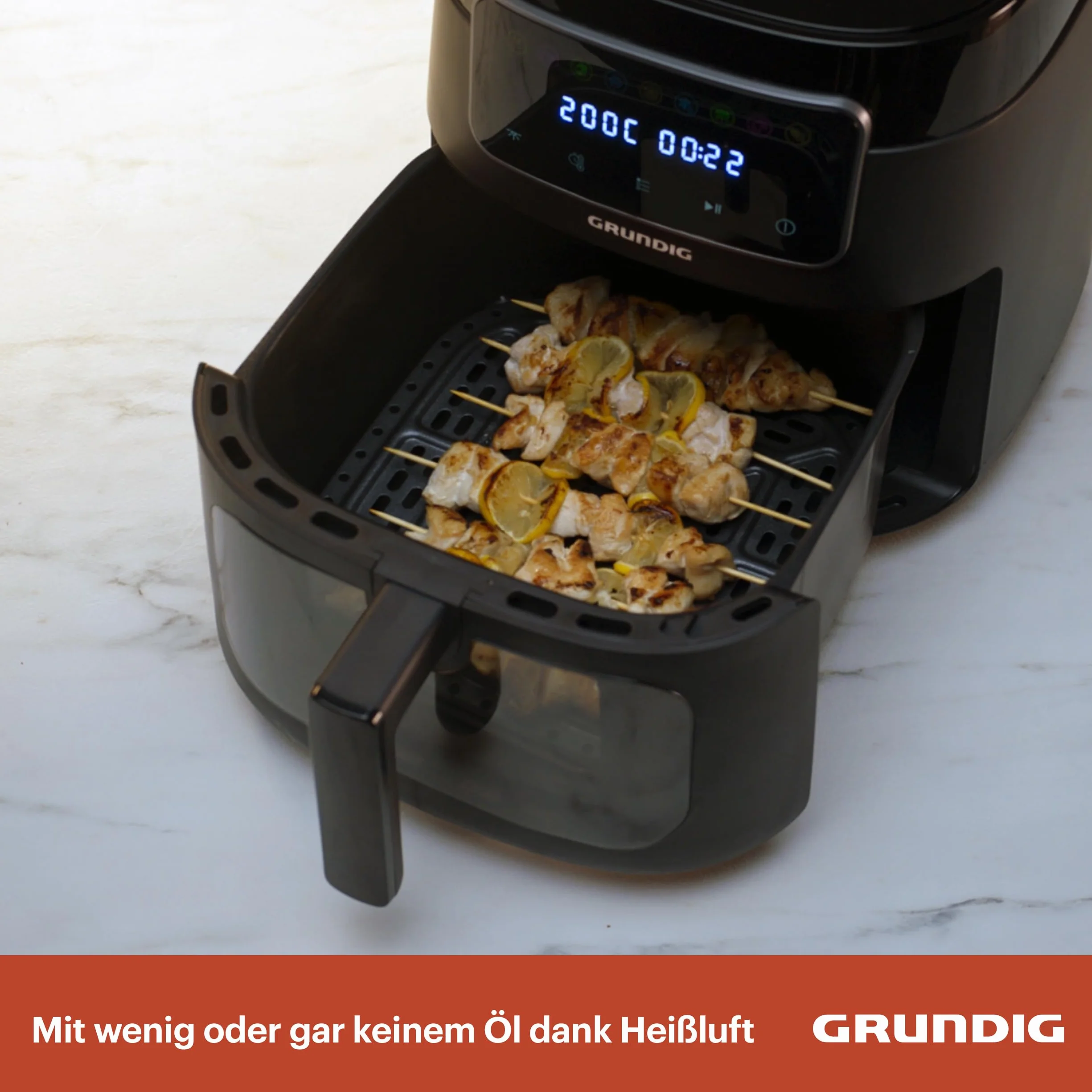 Grundig FRY 7320 frytkownica na gorące powietrze, pojemność 7,6 l, 1750 W, wyświetlacz dotykowy, duże okienko, regulacja temperatury i czasu, powłoka zapobiegająca przywieraniu, kosz nadaje się do