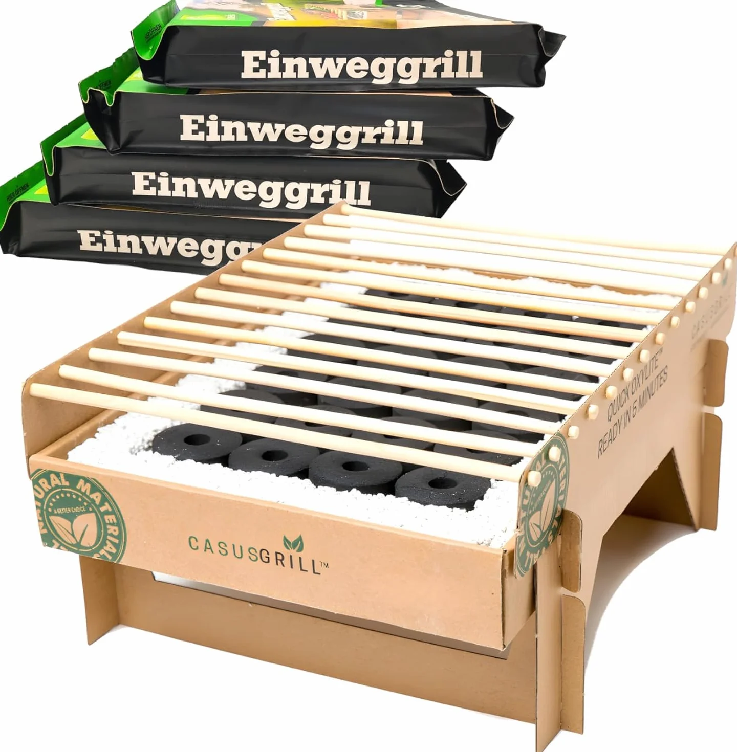BURI grill jednorazowy, ekologiczny, 100% ekologiczny, bezdymny, 31 x 24 cm, węgiel bambusowy i ruszt do grillowania, naturalne materiały, mniej emisji CO2, 5 min gotowy do uruchomienia