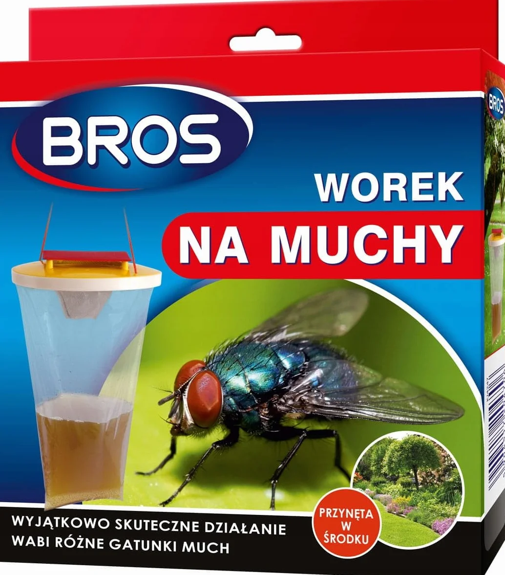 BROS Worek na muchy pułapka z przynętą Worek na muchy to wyjątkowo skuteczna pułapka do monitorowania obecności much na terenach otwartych poprzez ich odławianie