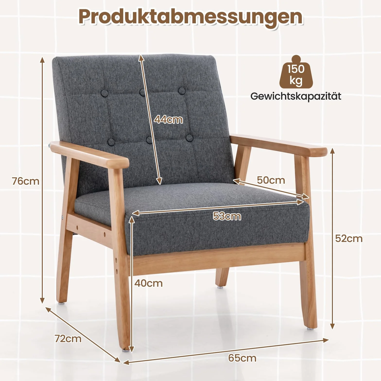 COSTWAY Fotel do salonu, tapicerowany fotel, do 150 kg, nowoczesne krzesło akcentujące z drewnianymi nogami i podłokietnikami, fotel koktajlowy, tapicerowany fotel do sypialni, biura, 72 x 65 x 76 cm