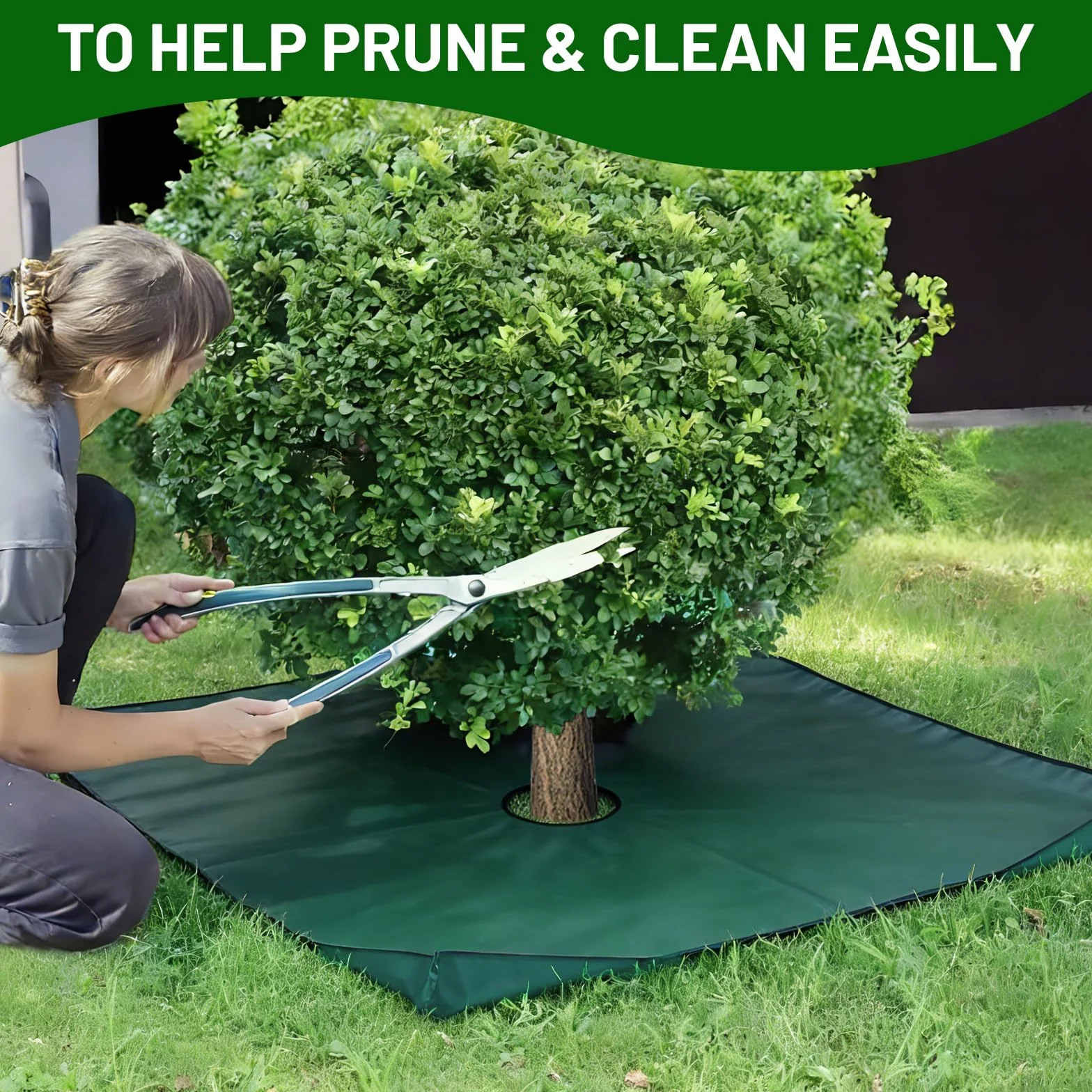 DBREAKS Plandeka krajobrazowa do przycinania 200 x 200 cm z otworem 30 cm, mata do cięcia roślin, narożniki mają narożne klamry do łatwego mocowania wokół krzewów i drzew (ciemnozielony)