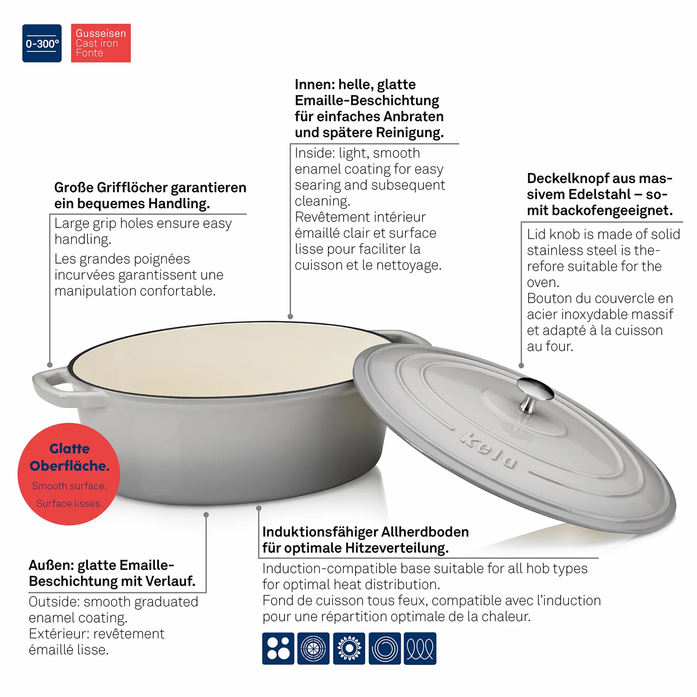 kela Garnek żeliwny owalny 6 litrów, Dutch Oven CALIDO, indukcyjna brytfanna żeliwna z pokrywką, żeliwny garnek do pieczenia chleba, emaliowana, jasnoszara, szara