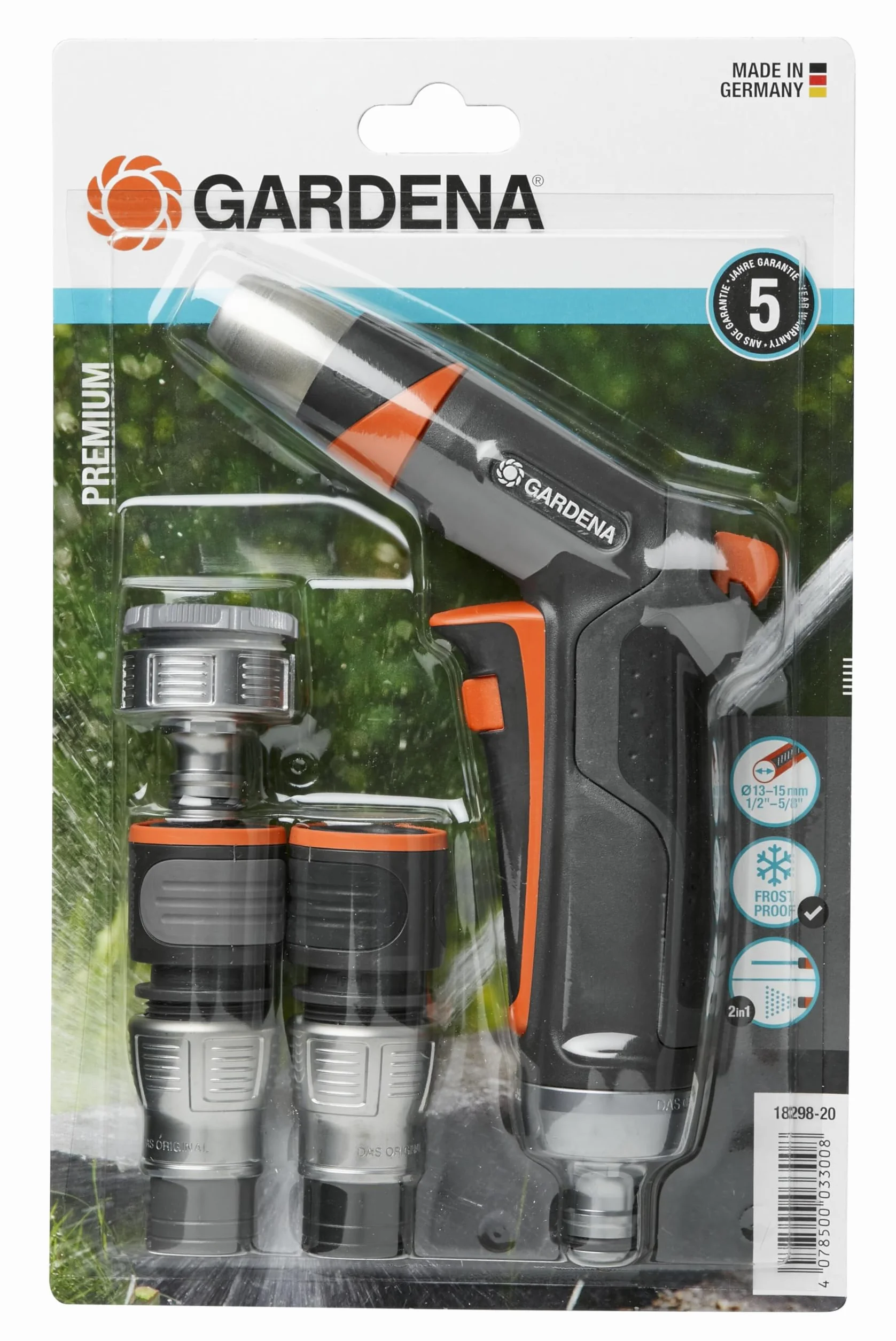 Gardena zestaw podstawowy Premium: zestaw przyłączeniowy z pistoletem zraszającym, z przyłączami do węży 13 mm (1/2") i 15 mm (5/8”) (18298-20)