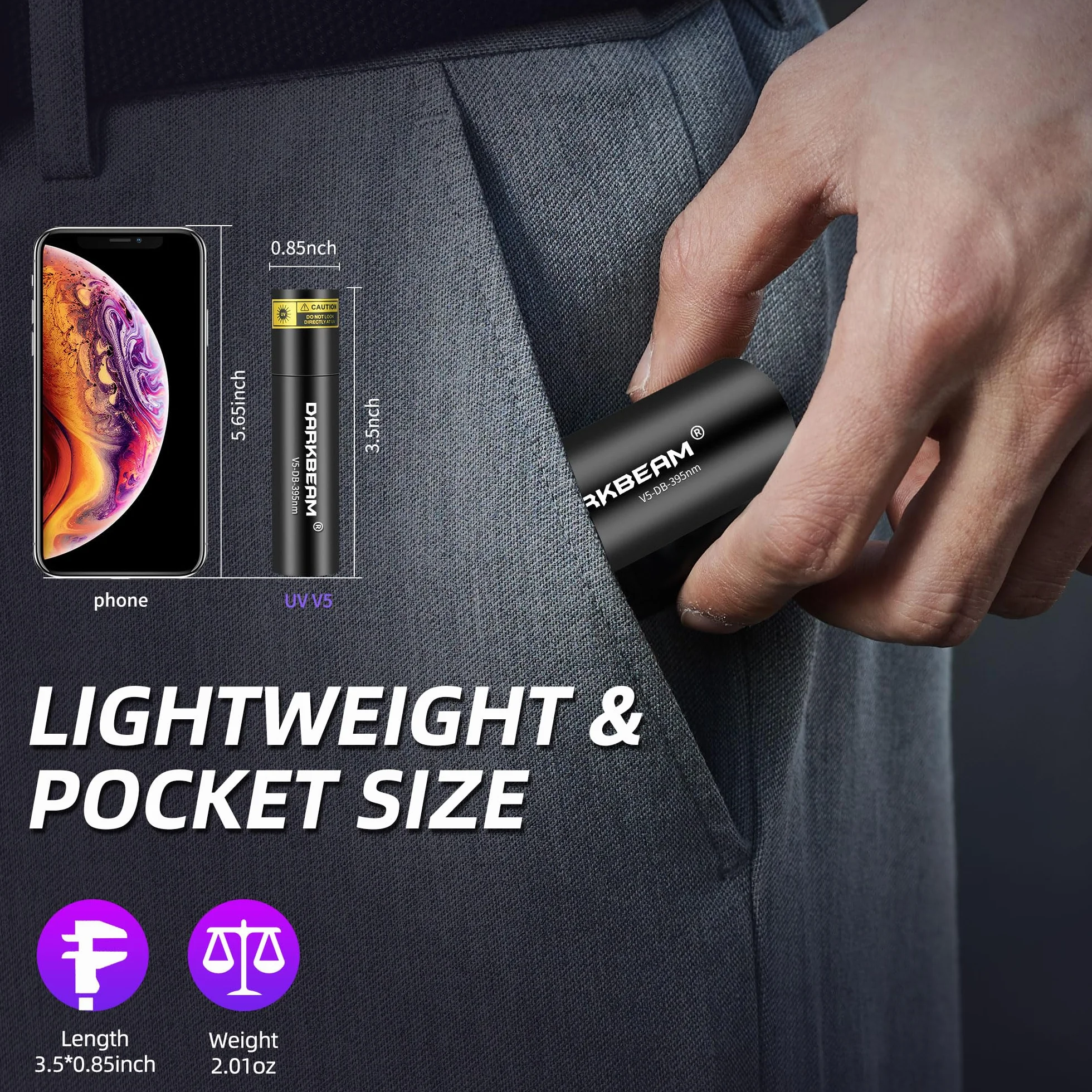DARKBEAM Latarka UV 395 NM, ręczna lampa drewniana, mini światła ultrafioletowe, USB-C ładowalna czarna latarka LED, wykrywacz moczu dla zwierząt domowych, do wykrywania fluorescencji i utwardzania