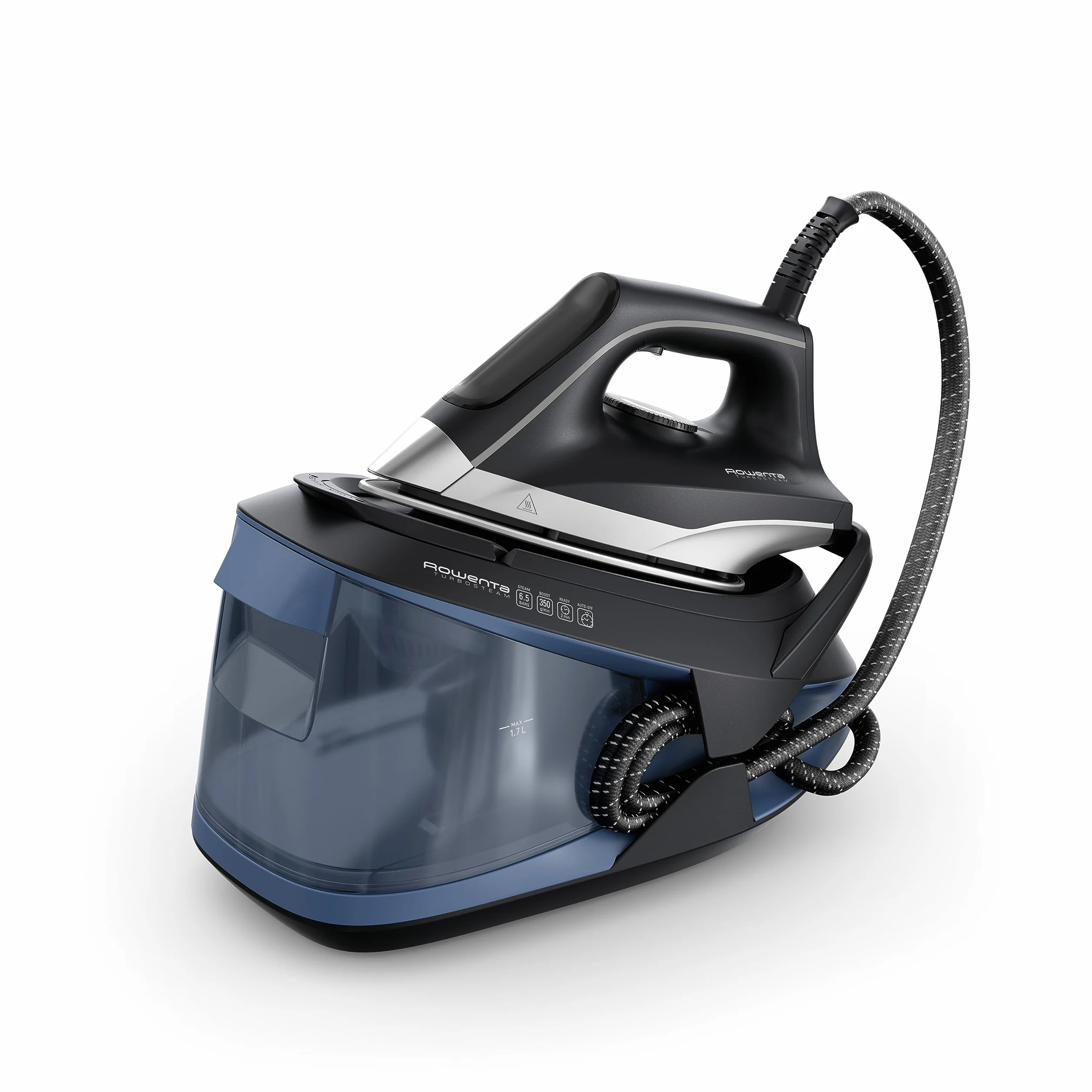 Rowenta VR8325 Turbosteam stacja parowa, 2600 W, 120 g/min stała para, dodatkowe uderzenie pary 350 g/min, szybkie nagrzewanie, zbiornik na wodę 1,7 l, system zapobiegający osadzaniu się kamienia
