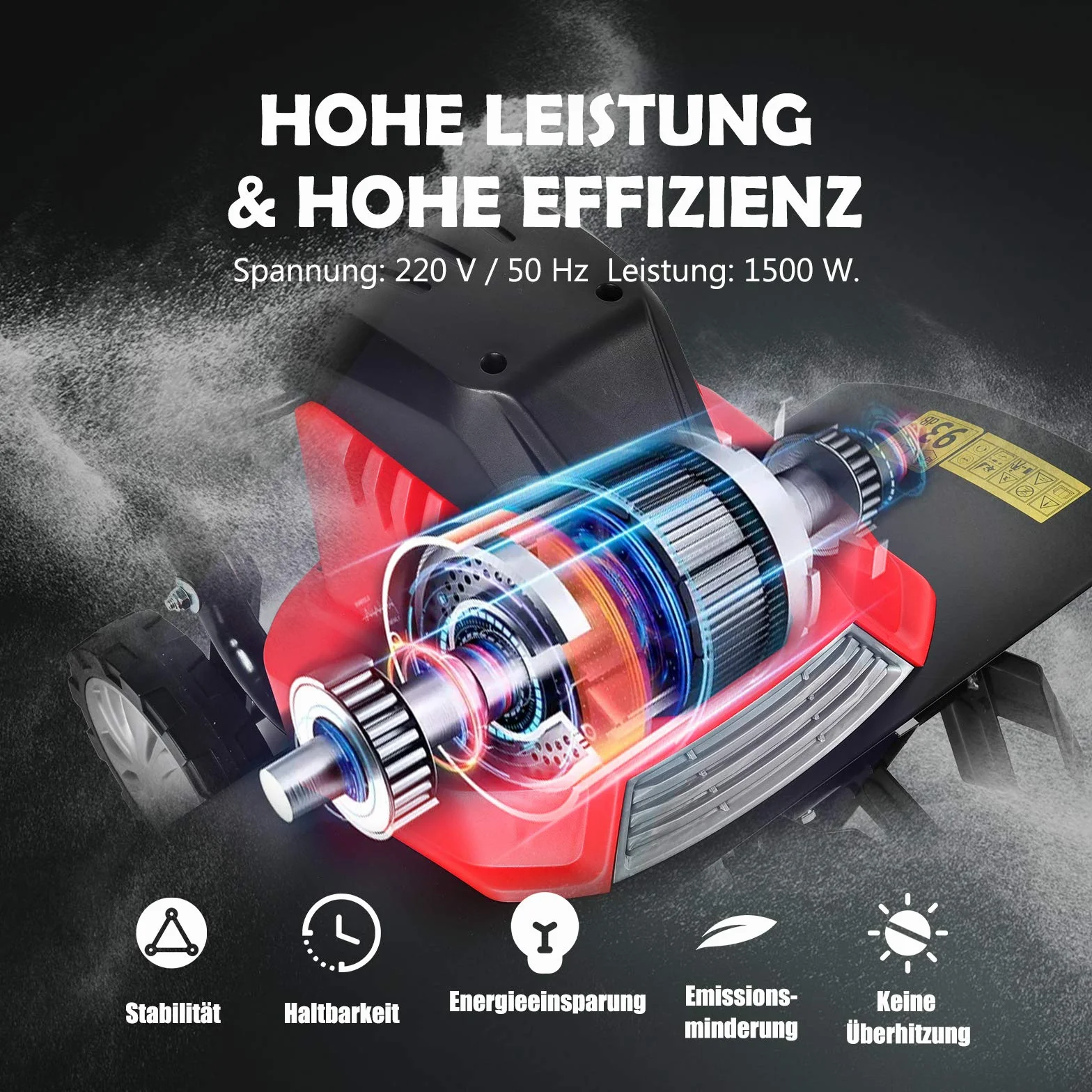 GOPLUS Elektryczna rozdrabniarka ziemna, 1500 W, z 6 ostrzami do siekania, głębokość robocza 220 mm, szerokość robocza 430 mm, składane kółka, składany drążek kierowniczy do wyładowywania ziemi