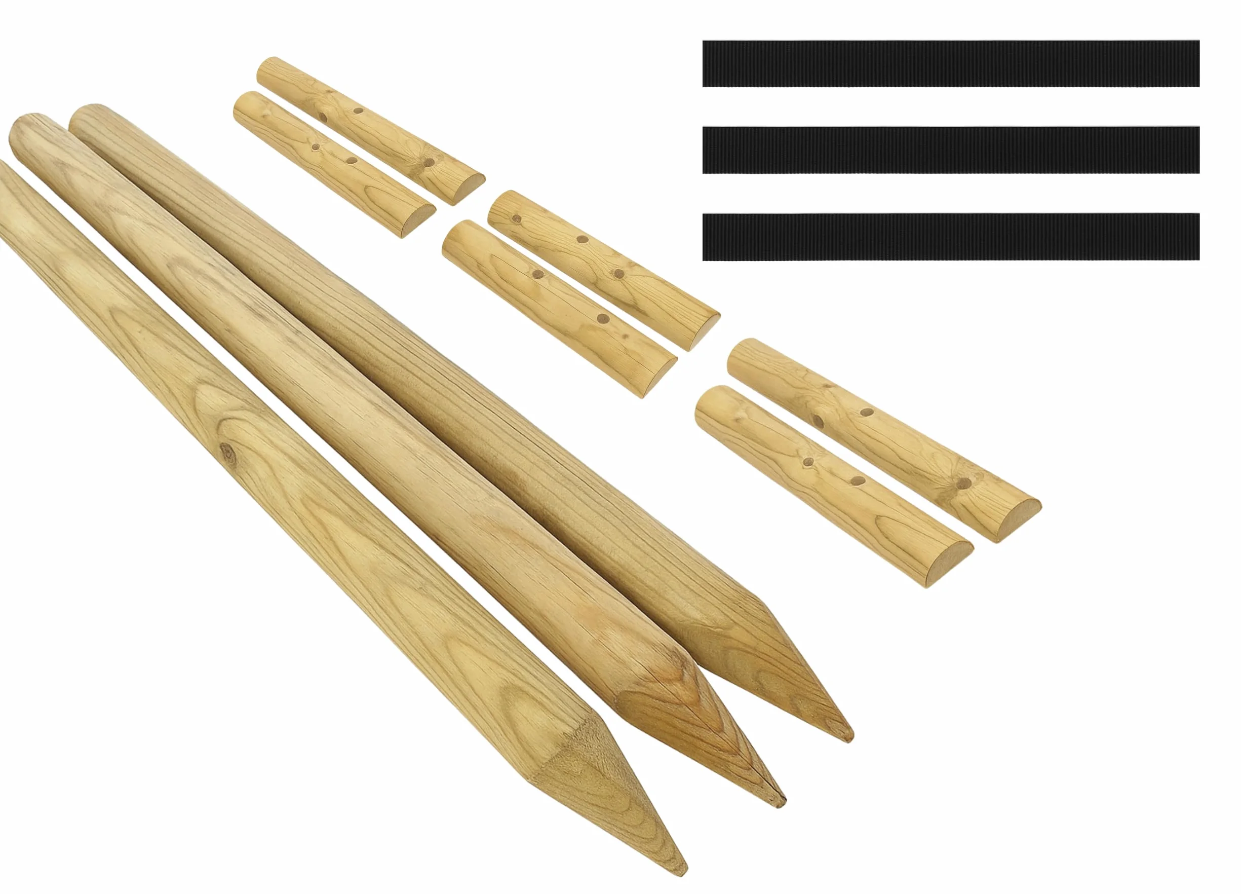 Zestaw Podpór z Drewna Sosnowego do Drzew 3x Palisada 200 cm Ø 6 cm + 6x Półpalisada 60 cm + 3x Czarne Taśmy 80 cm Drewniane Podpórki do Roślin Stabilizacja Mocowanie