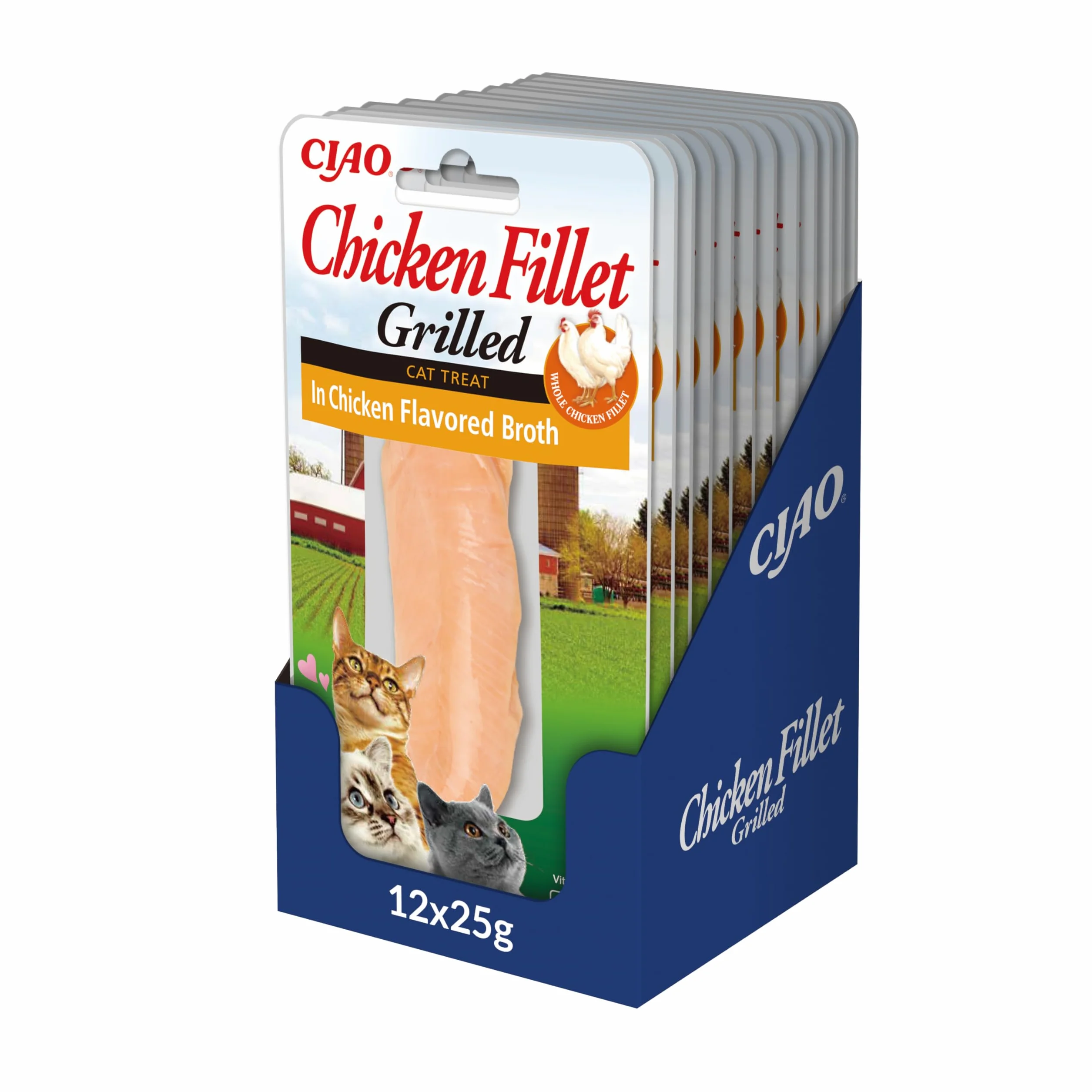 INABA Chicken Fillet Grillowany - Koty smakołyki z kurczaka - Rosół aromatyzowany z kurczakiem - Przekąska dla kotów z grilla i bogata w antyoksydanty - Karma dla kotów - 12 filetów po 25g
