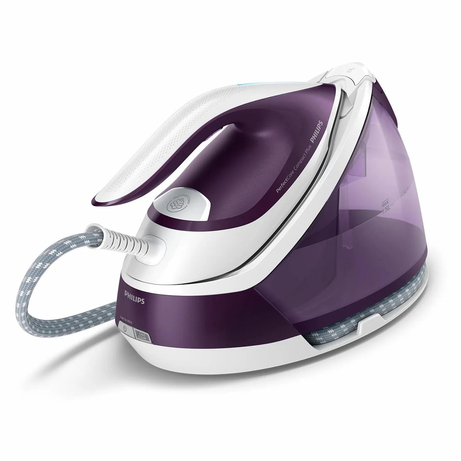 Philips Generator Pary PerfectCare Compact Plus - 2400W, Silne uderzenie pary 450g, Ciśnienie pompki 6,5 bara, Technologia OptimalTEMP, Zbiornik 1,5l, Fioletowy/Biały (GC7933/30)