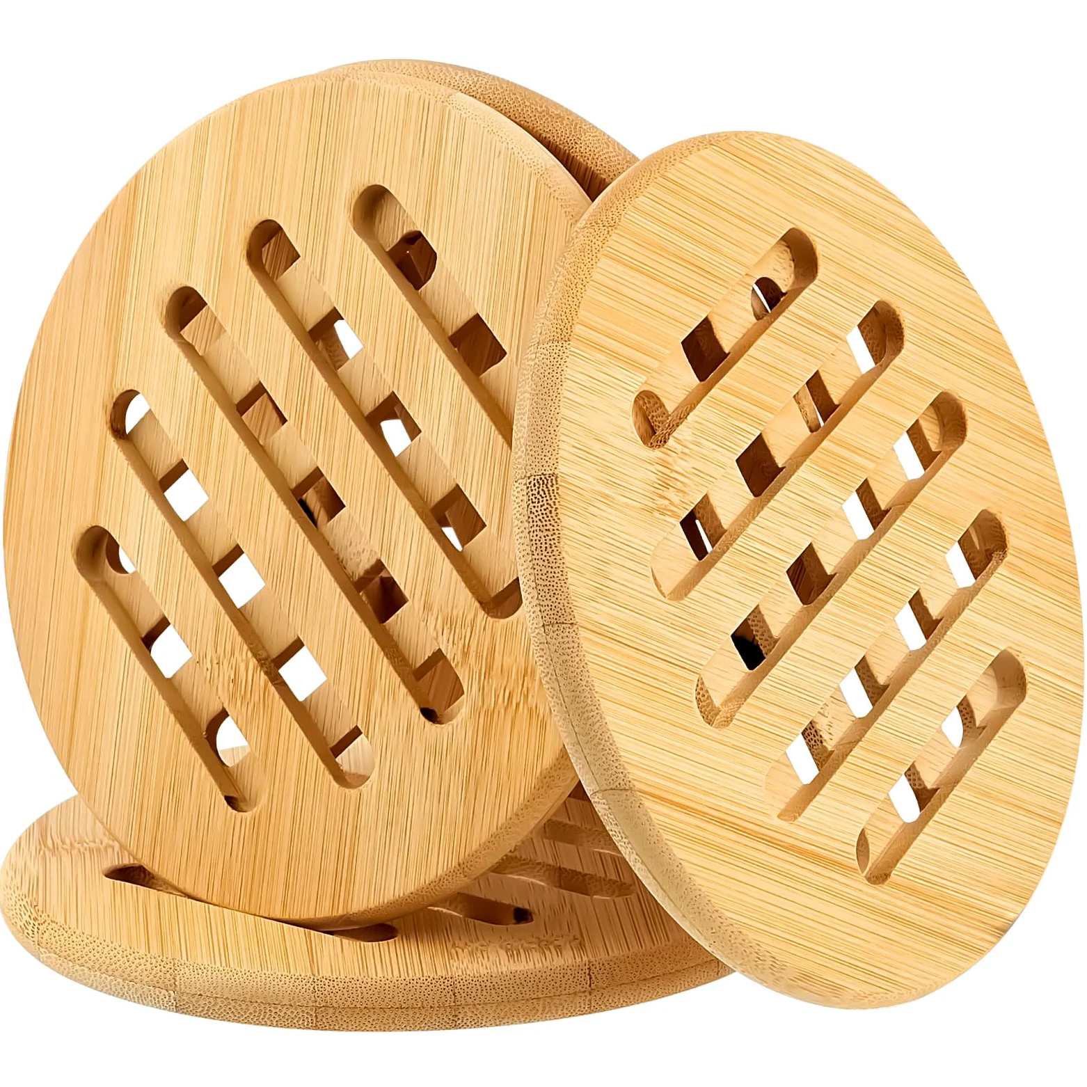 WuGU Bambusowe podstawki pod garnki, zestaw 4 sztuk, antypoślizgowe, nadają się do prania, okrągłe, do kuchni, miski, garnka, patelni, talerza (15 cm)