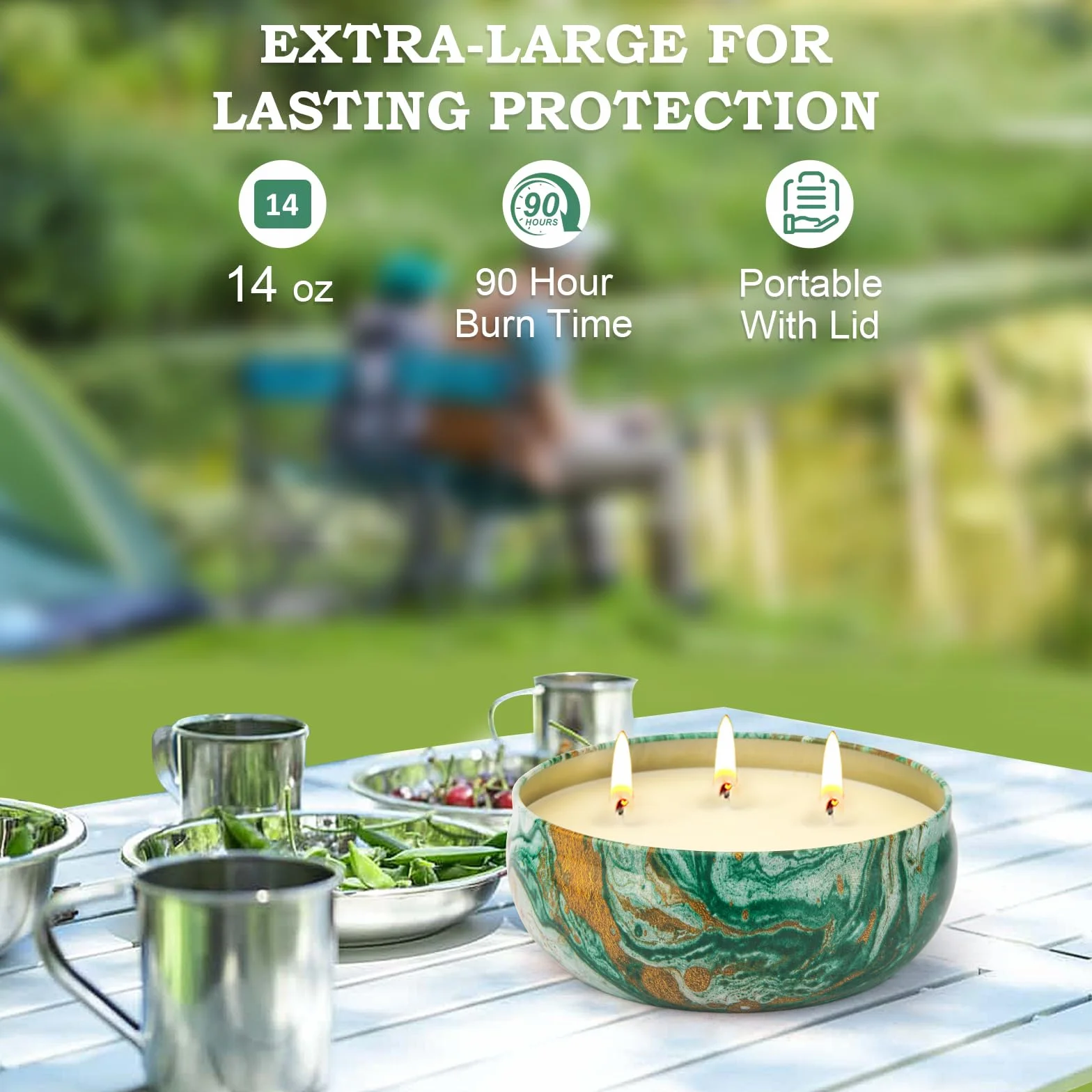 Citronella świece outdoorowe duże – 3 x 14 oz 3-knot świeca kempingowa pali się do 270 godzin, naturalny wosk sojowy, świeczka Lemograss do użytku na zewnątrz, do ogrodu, na balkon, taras, lato