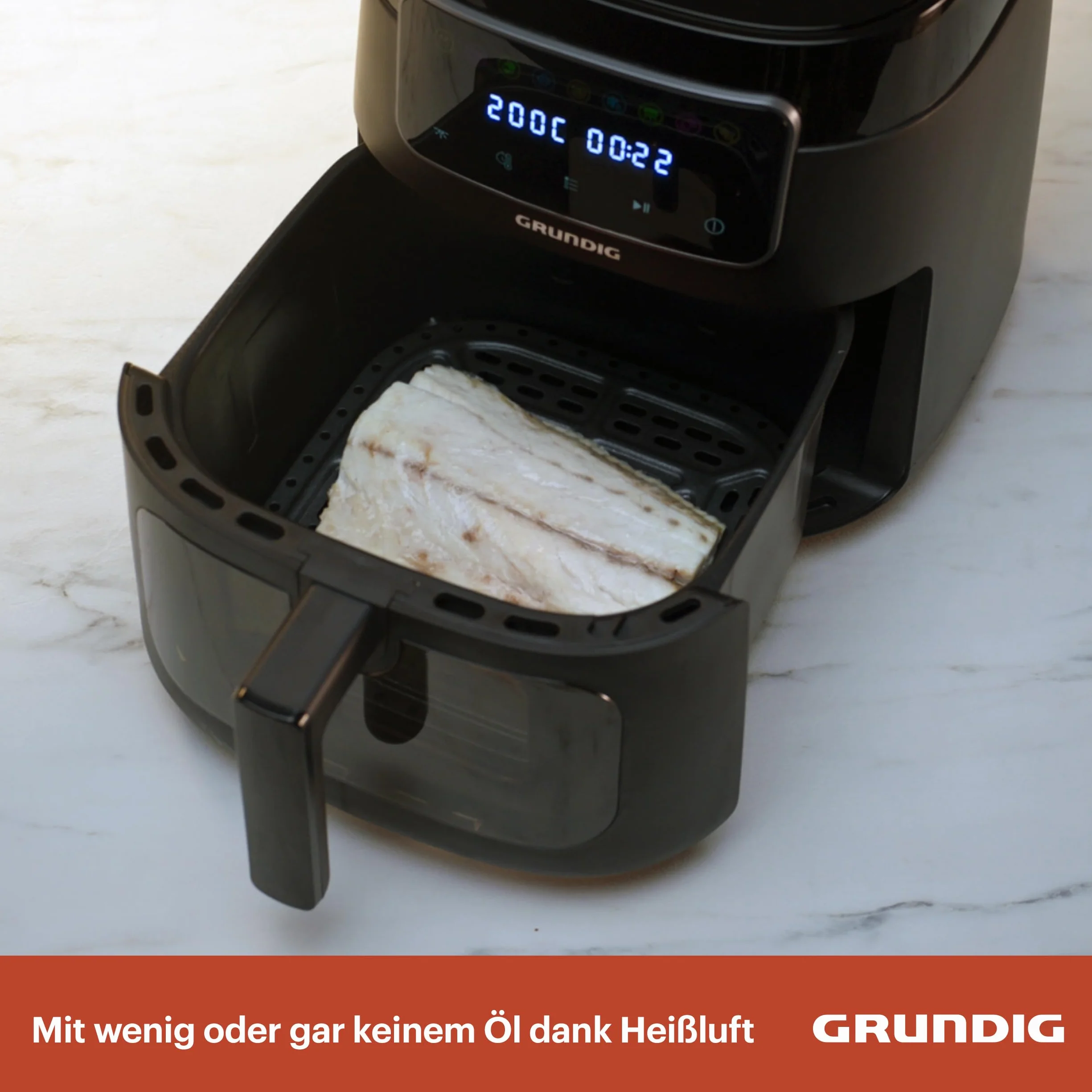 Grundig FRY 7320 frytkownica na gorące powietrze, pojemność 7,6 l, 1750 W, wyświetlacz dotykowy, duże okienko, regulacja temperatury i czasu, powłoka zapobiegająca przywieraniu, kosz nadaje się do