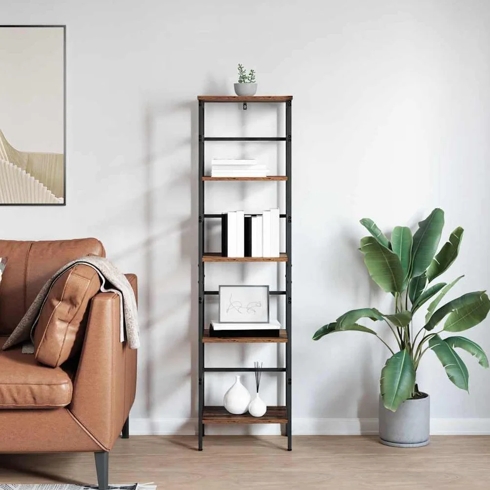 Regał na książki Old Wood, 40 x 29,5 x 149 cm, drewno wielowarstwowe | Wzornictwo przemysłowe, 4 półki, stalowa rama, regulowane nóżki, łatwa pielęgnacja