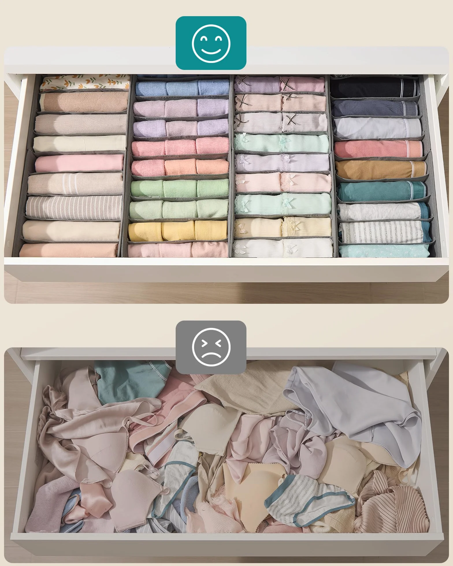 SONGMICS Zestaw 4 przegródek do szuflad IKEA PAX z separatorami, składanymi organizerami bielizny, 50 x 22 x 10 cm, szary taupe RUS015G01