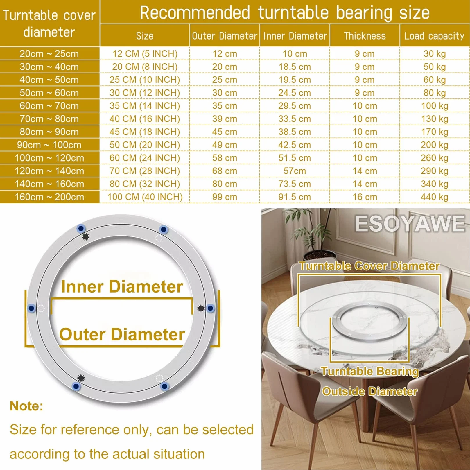 Heavy Duty obrotowy gramofon, Łożysko obrotowe Lazy Susan ze stopu aluminium, srebrne, 12-100 cm(40 cm)