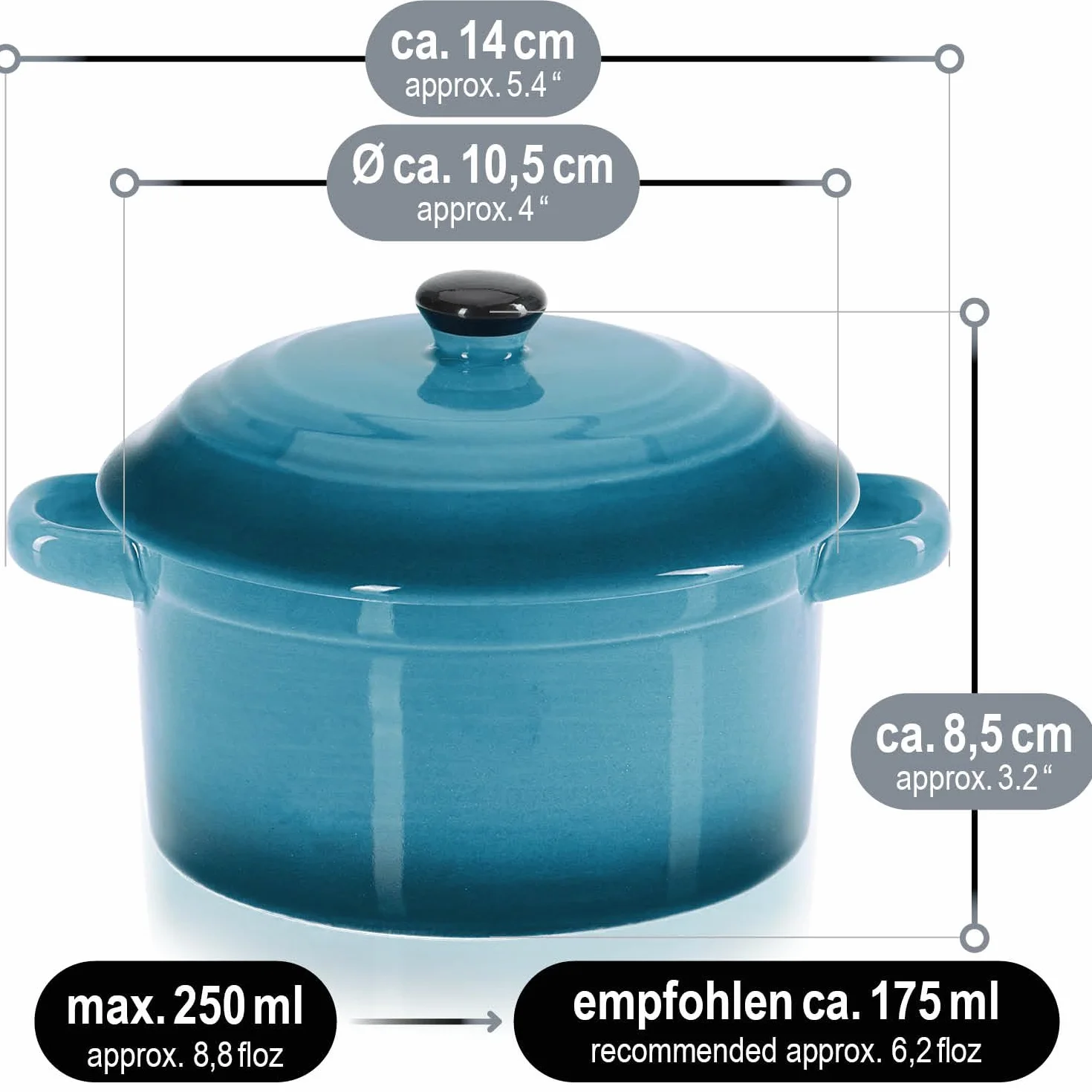 COM-FOUR® 4x naczynie zaroodporne z ceramiczna pokrywka - miseczka deserowa na crème brûlée - mini zapiekanka na ragout fin i sezonowane mieso - niebieski, ok. 300 ml na ksztalt (4 sztuki - niebieski)