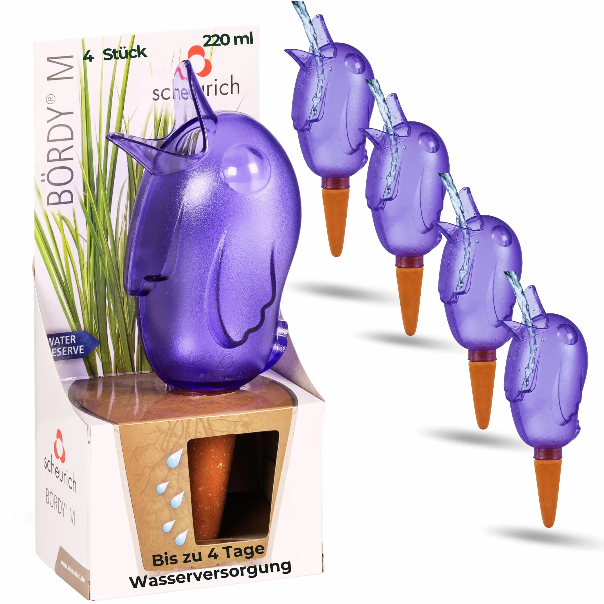 Scheurich Dozownik wody Bördy M | 4 x liliowy | pojemność 220 ml | małe kulki nawadniające z gliny | dozownik wody do roślin pokojowych i kwiatów, trzonek z terakoty