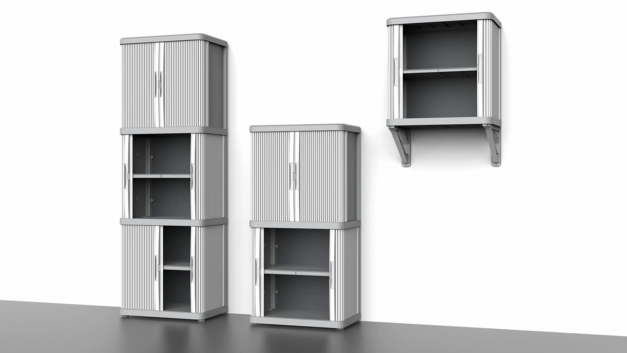Terry, Rolling Space Wall Cab, szafka ścienna z dwoma przesuwanymi drzwiami, zewnętrzna i wewnętrzna, 2 modułowe półki wewnętrzne, szara, z recyklingu tworzywa sztucznego, wymiary: 59 x 36 x 59 cm