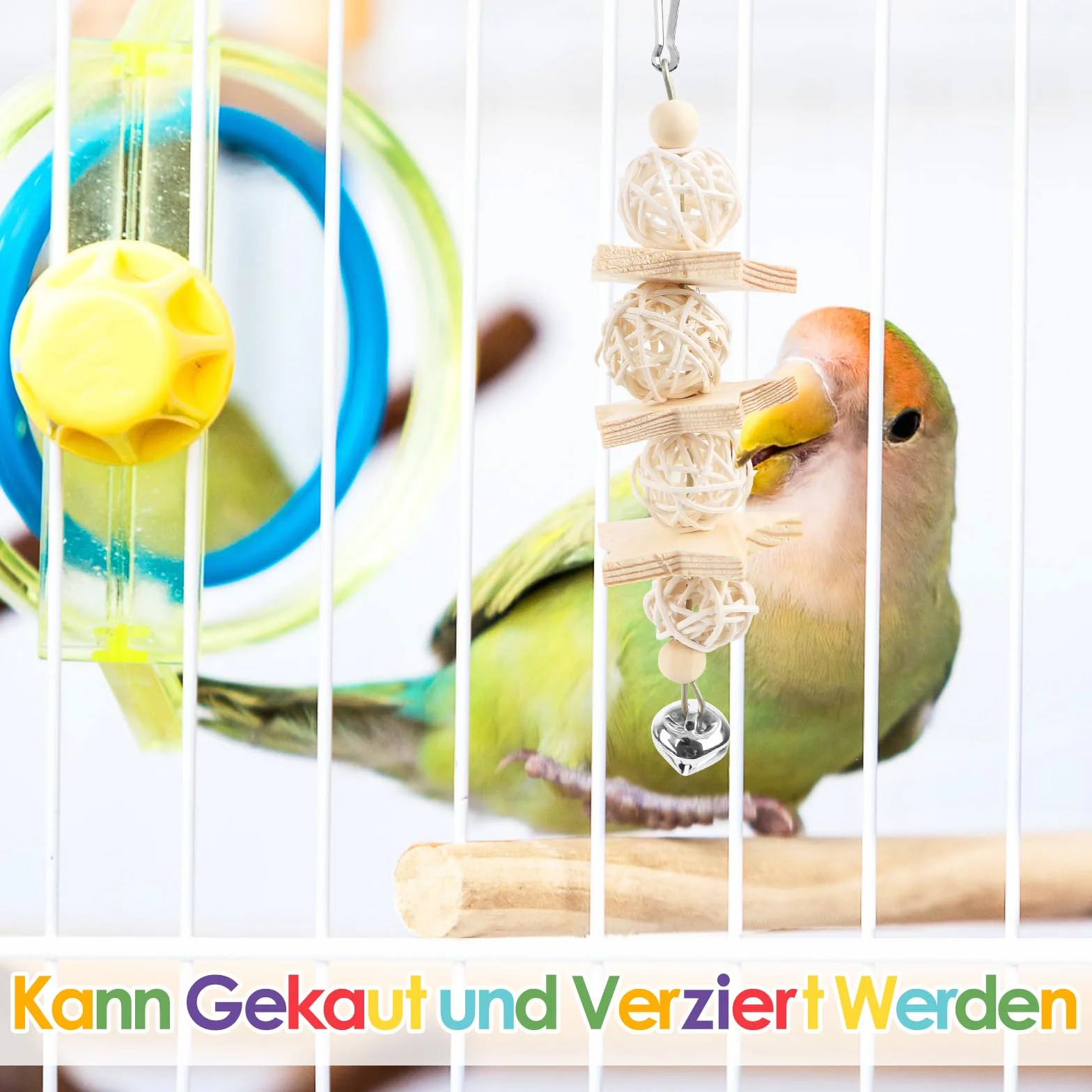 Drewniane zabawki dla papużek falistych, 8 sztuk z naturalnego drewna Lovebird wisząca huśtawka zabawka z dzwoneczkami dla wszystkich papug i ptaków
