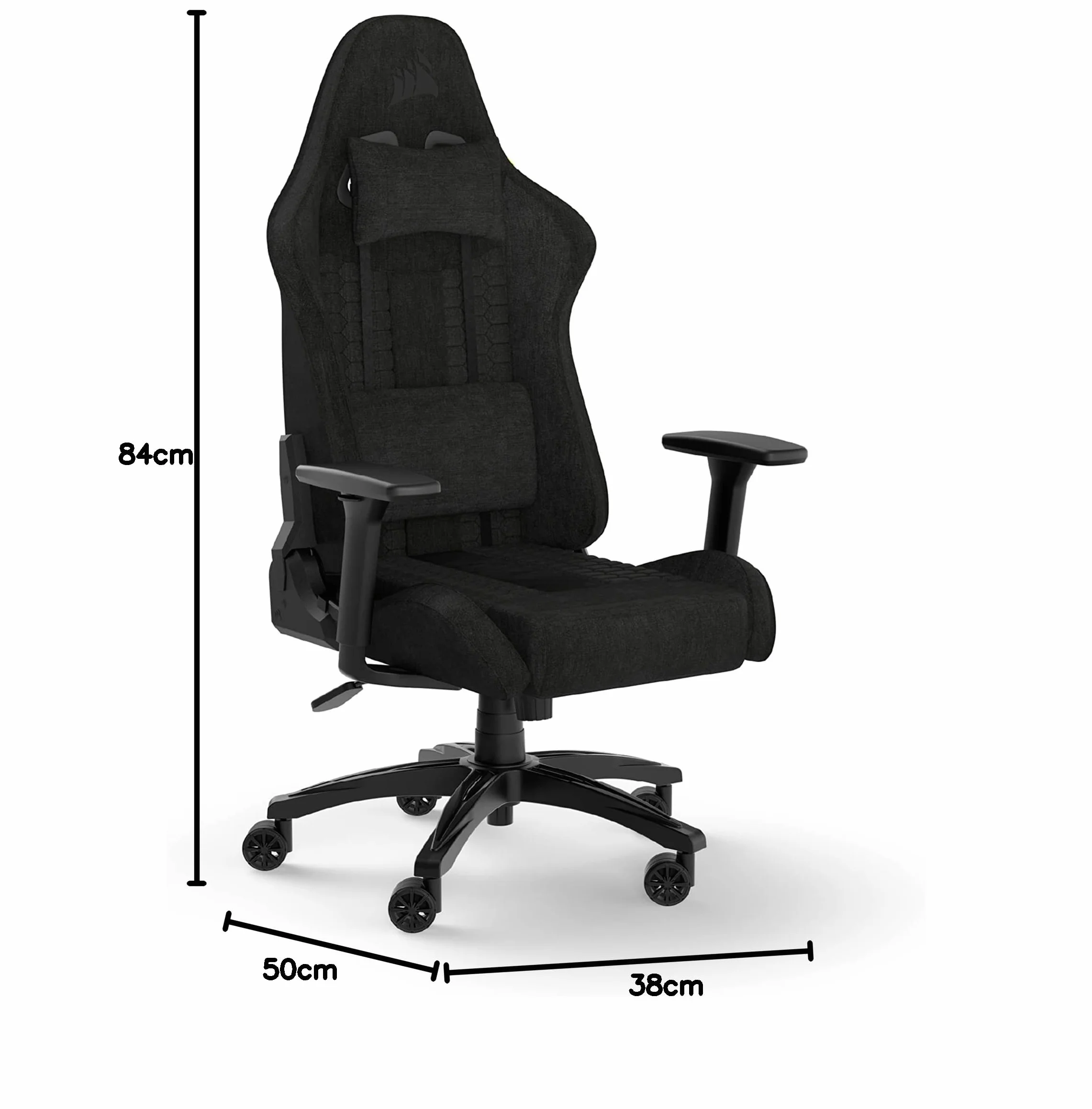 Corsair TC100 Relaxed Fotel do gier - tkanina - design inspirowany sportami motorowymi - poduszka lędźwiowa - odpinana poduszka na kartkę z pianki memory - czarny