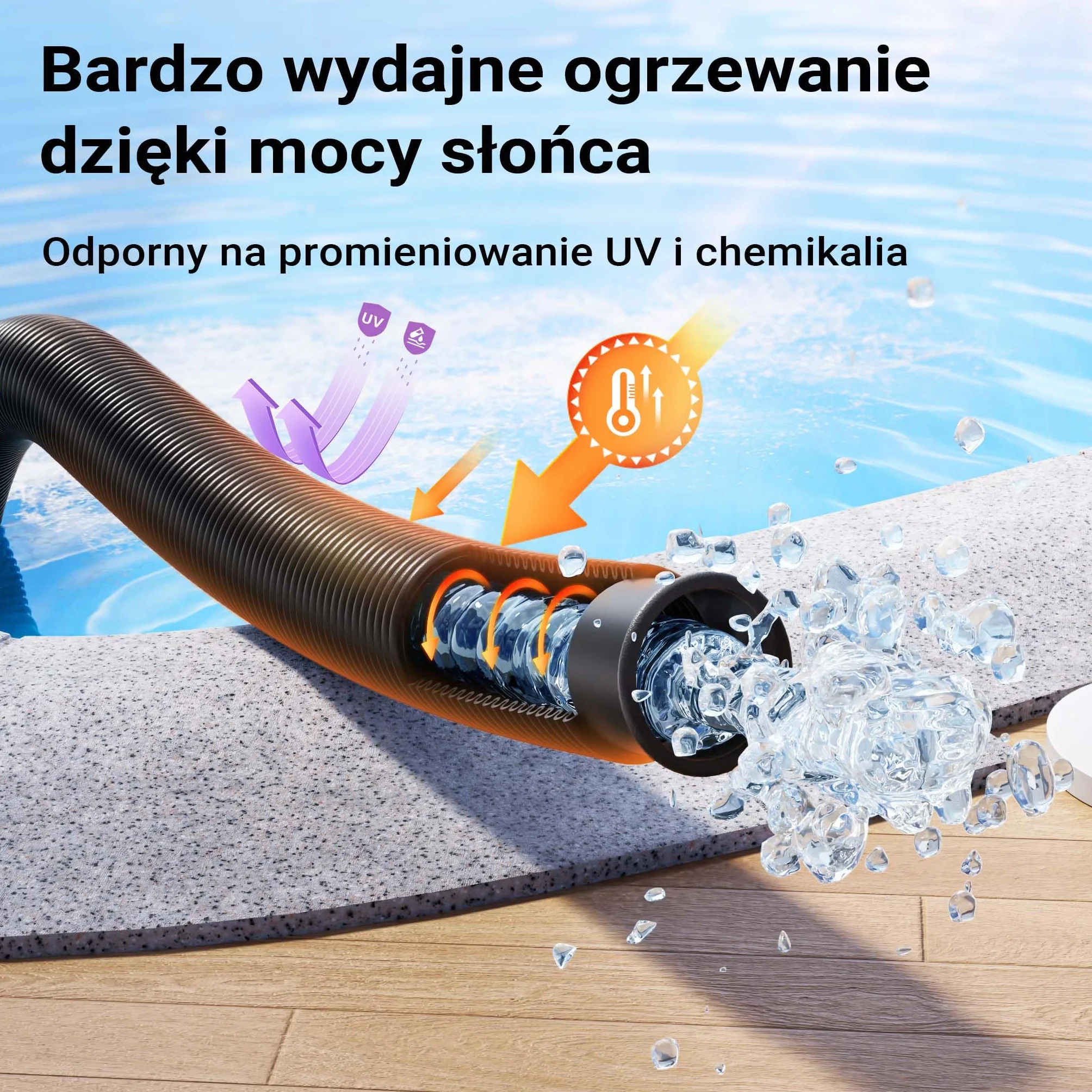 Wiltec Wąż do basenu o długości 9 m, Ø 32 mm czarny wąż ssący do pompy basenowej z mufami, wąż solarny - Made in EU