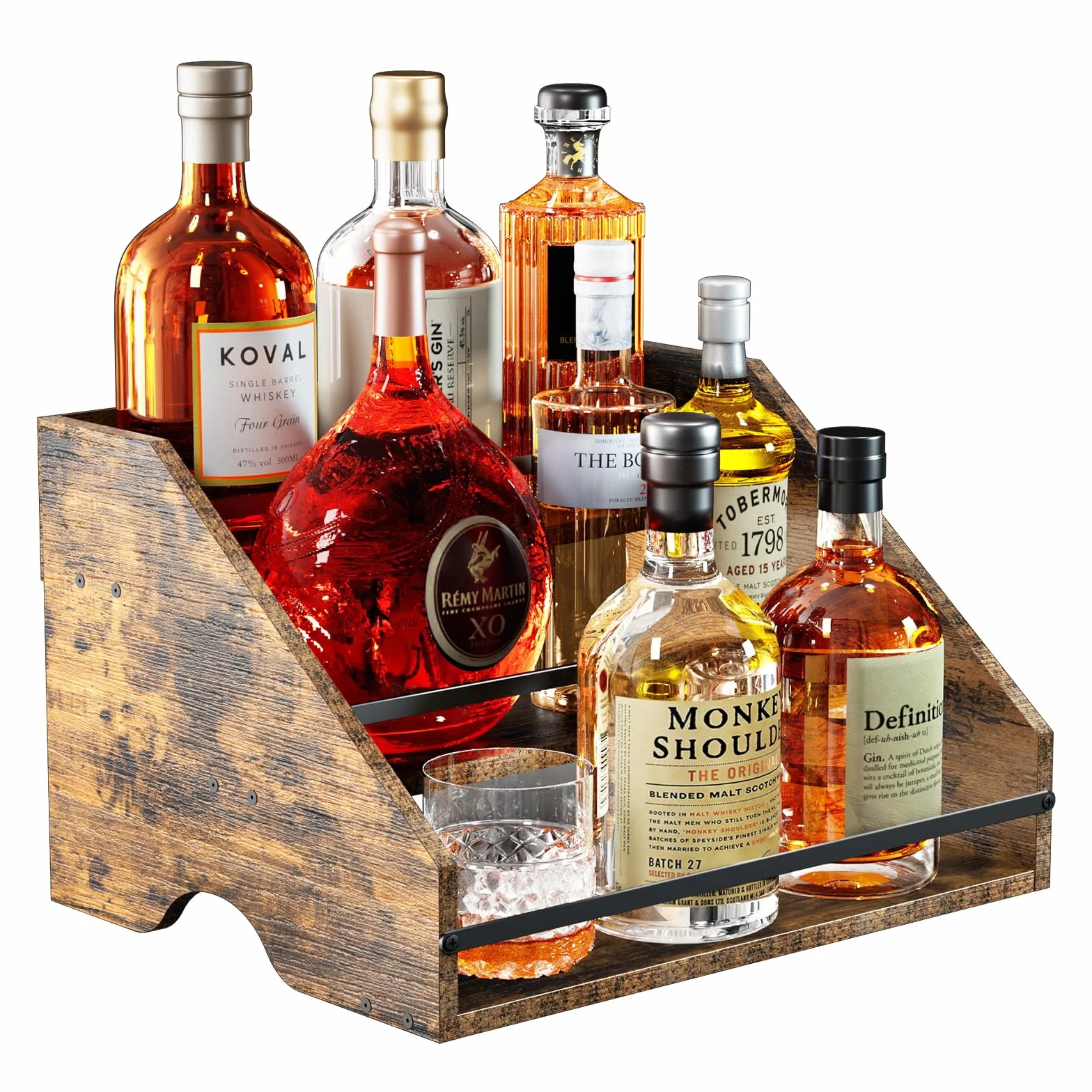Nuovoware Półka ekspozycyjna na butelkę alkoholu, 3-stopniowy drewniany organizer na syrop do kawy z uchwytem ogrodzeniem, 12-butelkowy ekspozytor na alkohol dom retro stojak na wino na alkohol whisky