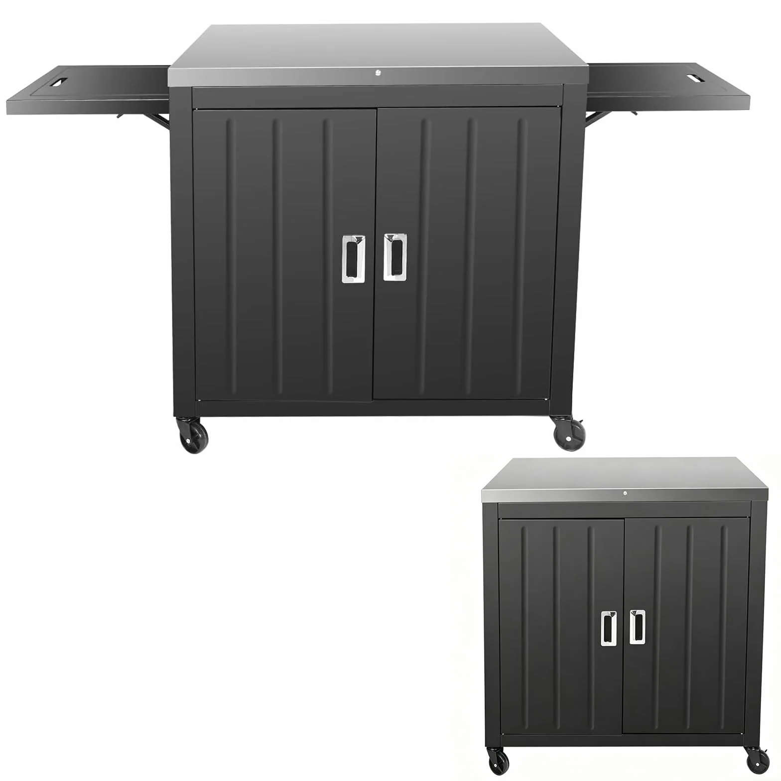 GFTIME Wózek grillowy 89,9 x 65 x 91,9 cm, wózek kuchenny do użytku na zewnątrz, z blatem roboczym ze stali nierdzewnej, 2 składane półki boczne, 2 drzwi i kółka, mobilny wózek do serwowania grilla