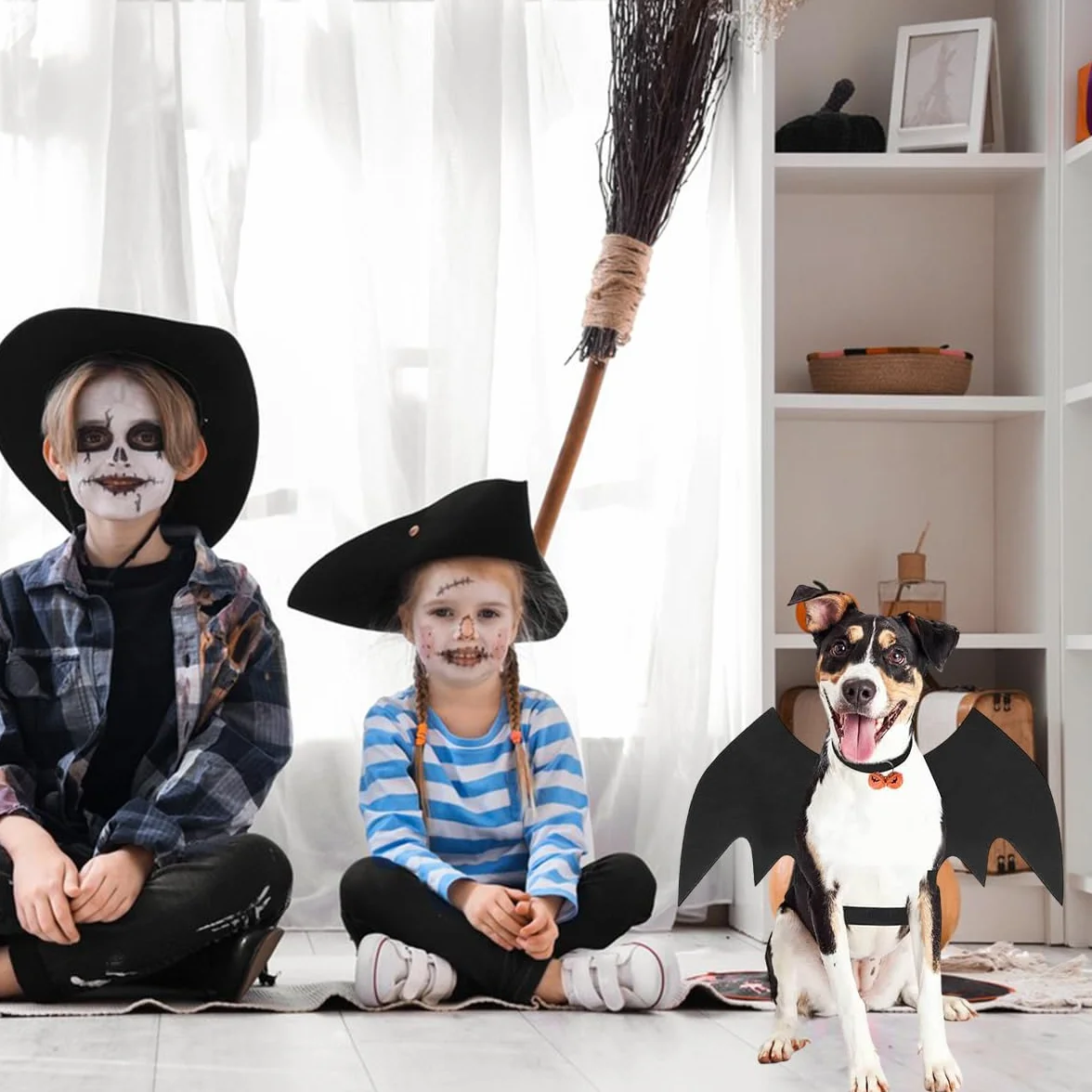 Kostium dla psa nietoperza Halloween, czarne filcowe skrzydła, regulowane z dzwonkiem dyniowym