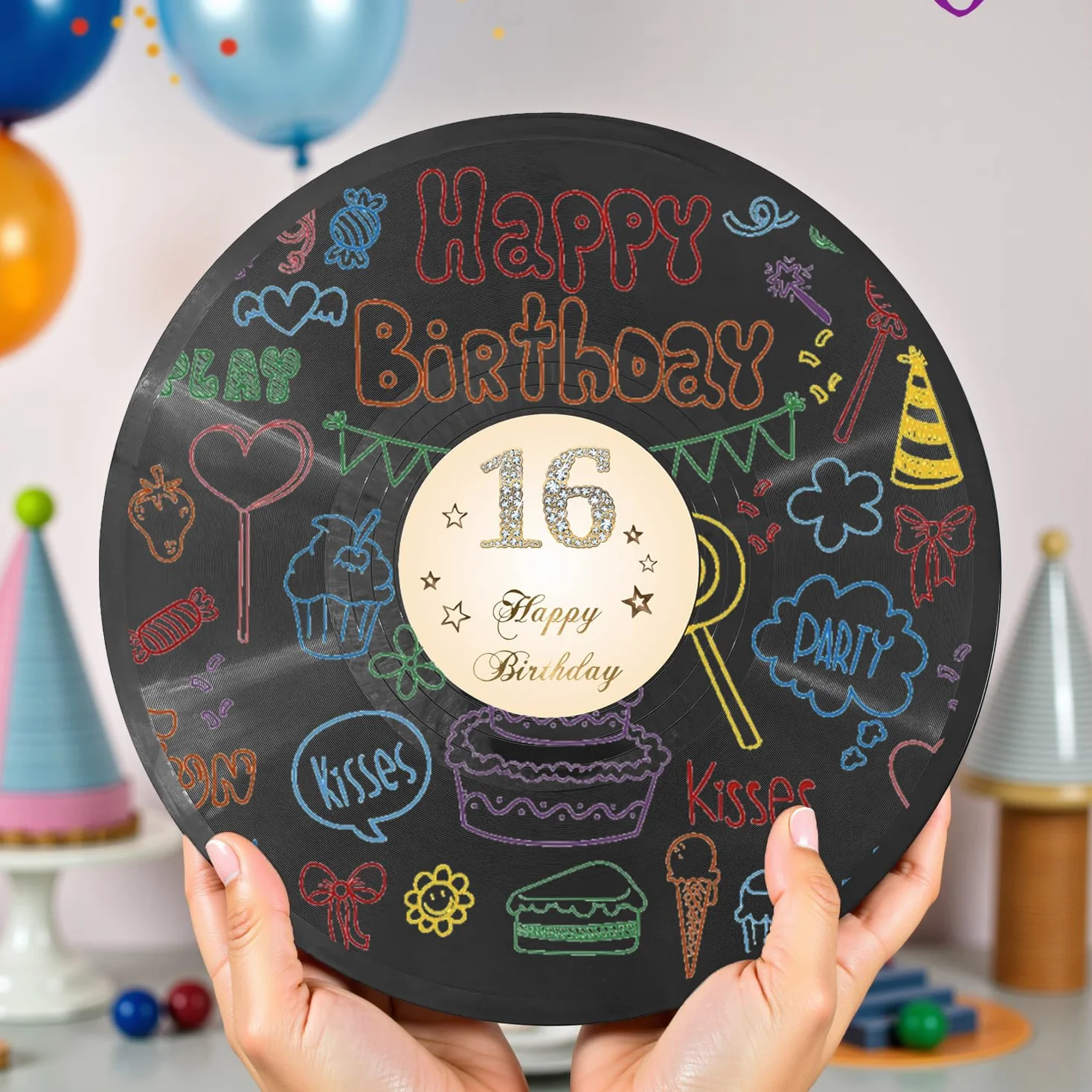 Płyta winylowa 'Sweet 16 Birthday' dekoracje 38 cm x 11,15 cm, dekoracje na 16. urodziny, przyjęcie, plakat, alternatywa dla księgi gości na 16. urodziny, świetny prezent dla dziewcząt lub chłopców