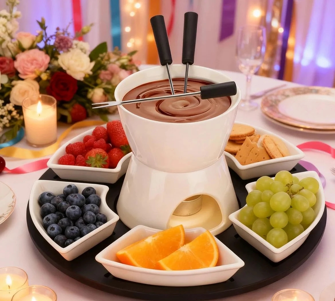 Ceramiczny zestaw do fondue czekoladowego, 300 ml, czekoladowe fondue z 4 talerzami ceramicznymi i 4 widelcami, do sera, fondue, rodzinnych obiadów, deserów, pikników, biały