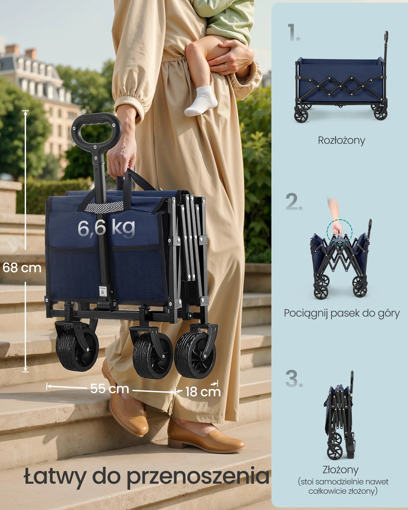 SONGMICS Kleiner Handwagen faltbar, Gartenwagen, kompakt, mit Griff, mit 4 Verstärkten Rollen, davon 2 Universalräder, bis 120 kg belastbar, Outdoor, Garten, 150 L, mitternachtsblau GFW150QE01
