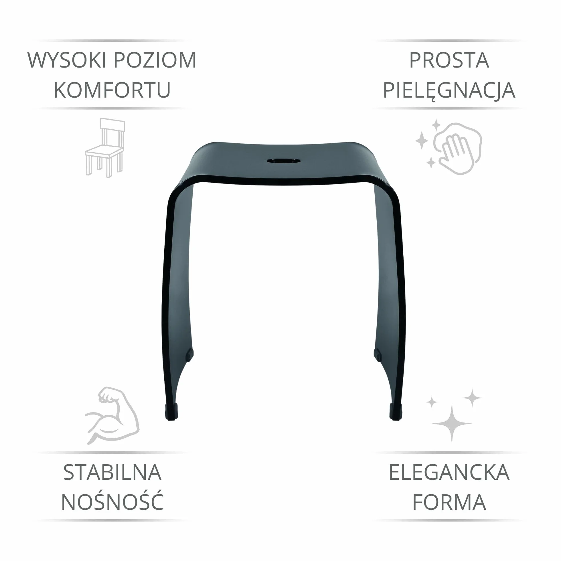Stołek Łazienkowy Meran – Taboret Pod Prysznic z Akrylu z Uchwytem, Ergonomicznym Siedziskiem, Antypoślizgowymi Gumowymi Nóżkami i Ponadczasowym Designem (do 180 kg) (Czarny)