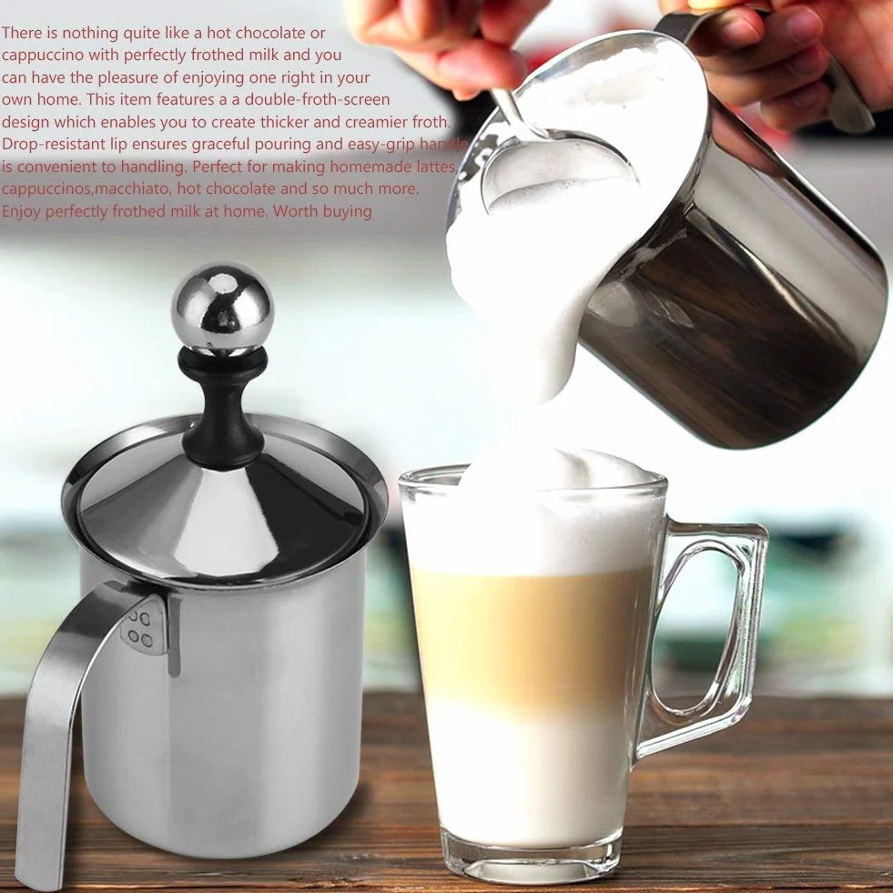 Zerodis Spieniacz do mleka 400 ml/800 ml stal nierdzewna ręczny spieniacz do mleka podwójna siatka kawa cappuccino spieniacz kremowy (800 ml)