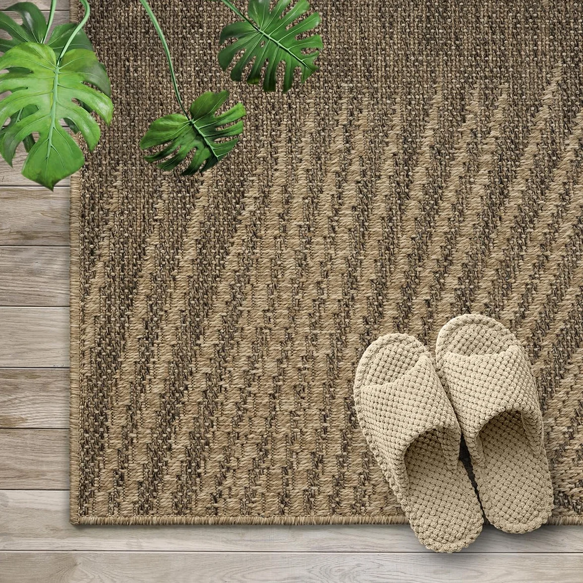 the carpet Kansas – wytrzymały dywan do wnętrz i na zewnątrz, o naturalnym wyglądzie juty, odporny na warunki atmosferyczne, nadaje się na taras i do ogrodu, ok. 60 x 90 cm