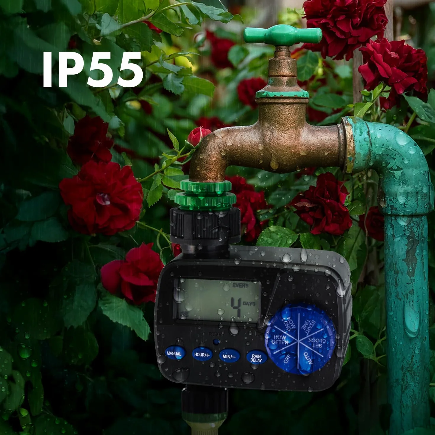 Green Blue Sterowanie nawadnianiem | Elektroniczny regulator nawadniania z ochroną IP55 | Automatyczny timer nawadniania ogrodu z wyświetlaczem i funkcją ręcznego uruchamiania