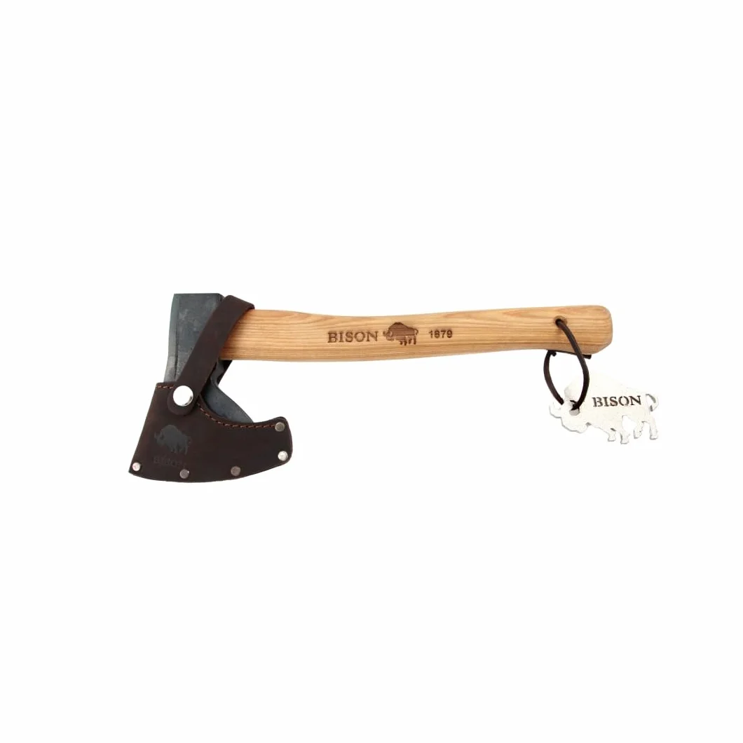 Bison Topór myśliwski 1879 500g I uniwersalny o długości 330 mm do leśnych, kempingowych i outdoorowych I ręcznie kuty I potrójny klin bezpieczny z ochroną na przecięcie skóry naturalnej
