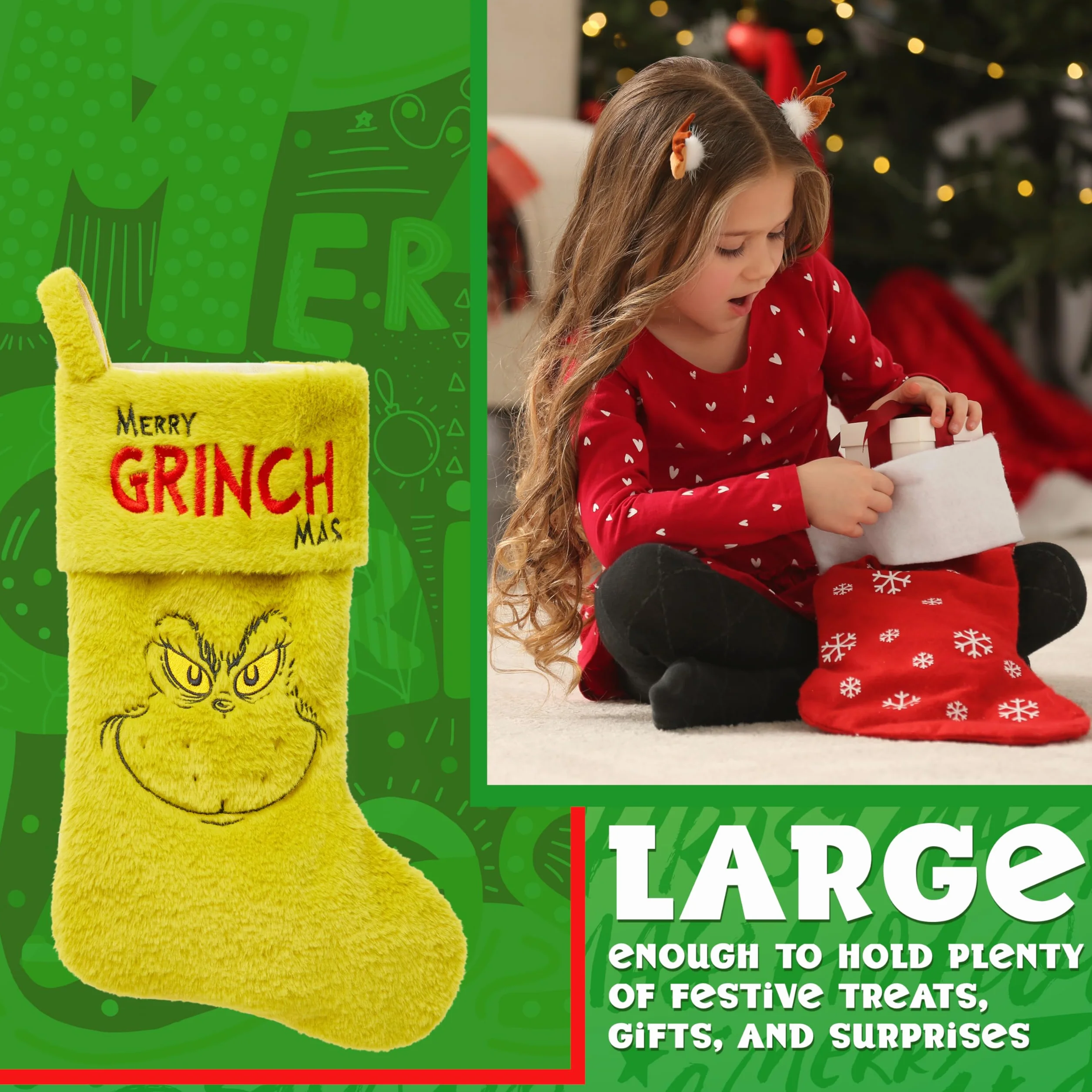 Wypełniacz do skarpet Świąteczny Grinch Wielki 44cm, Świąteczna Wisząca Dekoracja Zielona Skarpeta na Święta Rodzinne Boże Narodzenie Prezenty