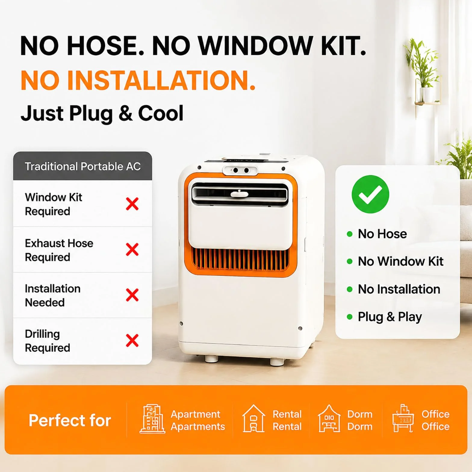 Przenośny klimatyzator sprężarkowy 3070 BTU – klimatyzacja bez rury wylotowej, tryb nocny (30 dB), urządzenie 3 w 1 (chłodzenie i osuszanie), energooszczędność; idealny do mieszkania