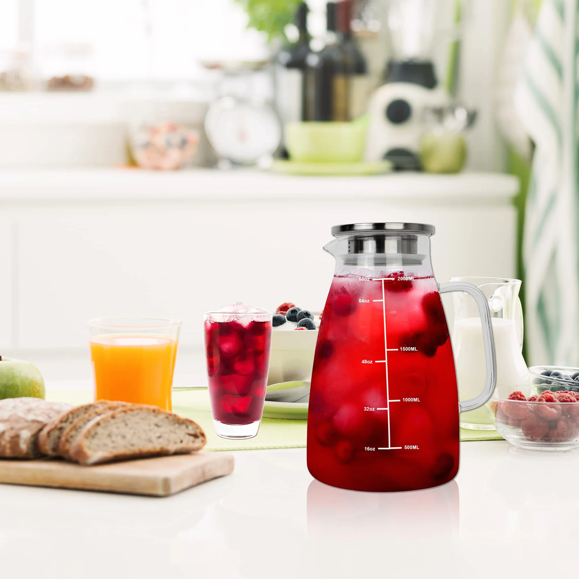 HEFTMAN 2 Litrowy Szklany Dzbanek z Pokrywką - Karafka na Wodę z Żaroodpornego Borokrzemianu, Szklana Karafka﻿﻿ na Mrożoną Herbatę, Sok, Mleko, Sangria, Kawę, Gorące lub Zimne Napoje