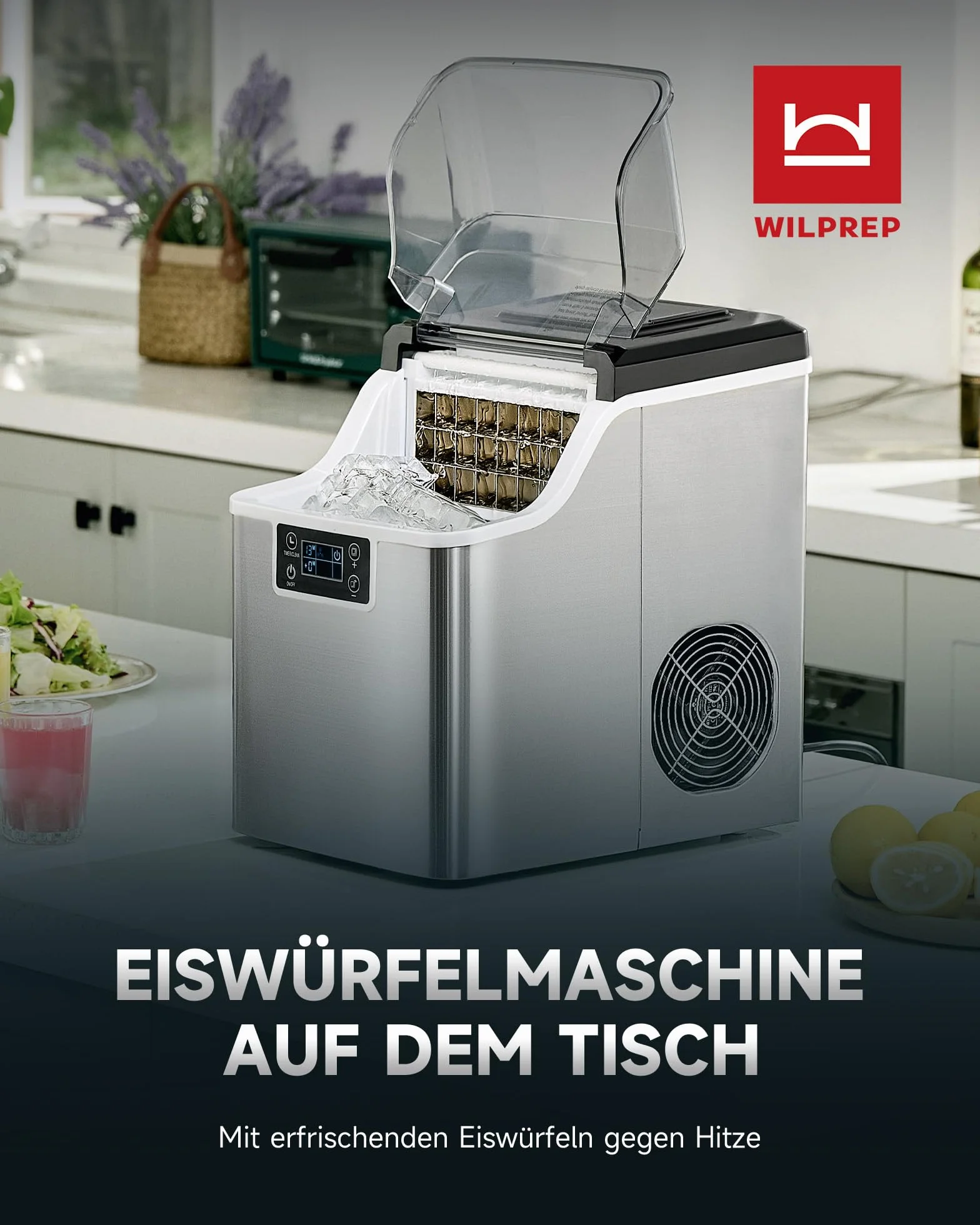 Wilprep mała maszyna do robienia kostek lodu z funkcją samoczyszczenia, 22 kg/24h, kostkarka do lodu ze stali nierdzewnej z ekranem LCD, do biura, restauracji, baru, kawiarni (22 kg wydajność dziennie