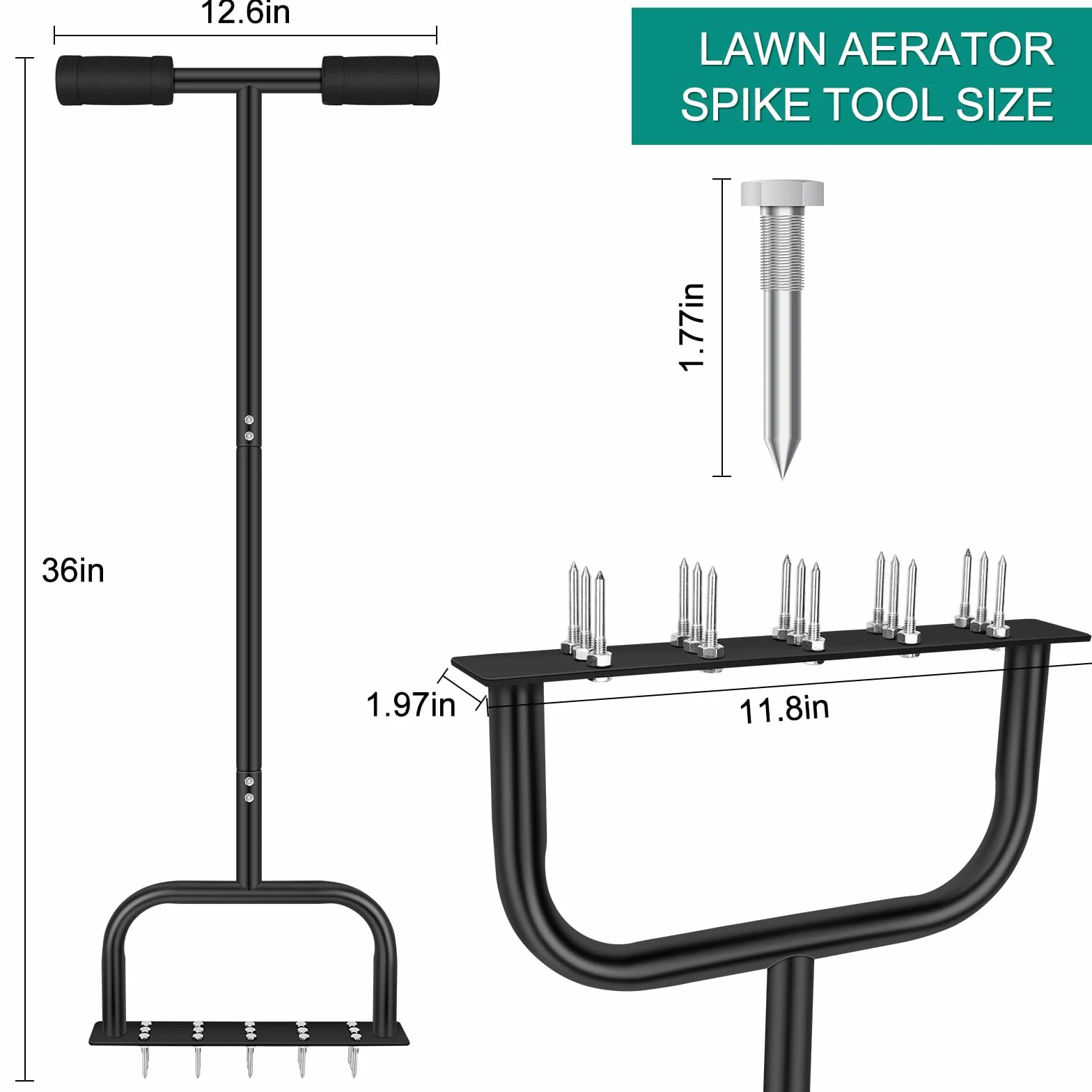 Aerator z kolcami do zagęszczonych gleb i trawników z grabiami do wertykulacji i 15 żelaznymi kolcami, wstępnie zmontowane narzędzia do aeracji trawnika ogrodowego, narzędzie ogrodowe