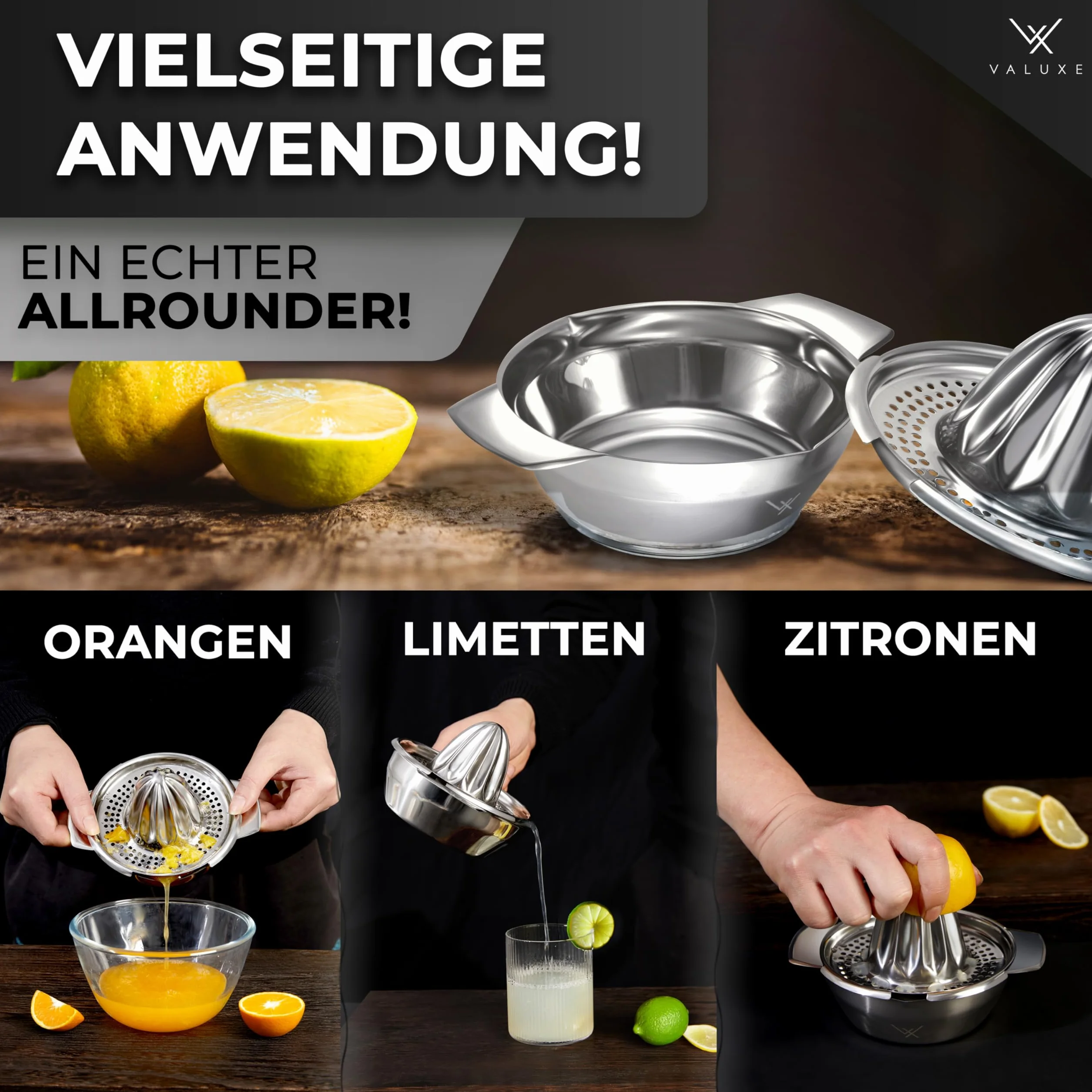 VALUXE Wysokiej jakości wyciskarka do cytrusów ze stali nierdzewnej – wyciskarka do cytrusów, cytryn, limonek i pomarańczy z pojemnikiem 350 ml – ręczna wyciskarka do limonek, nadaje się do mycia w