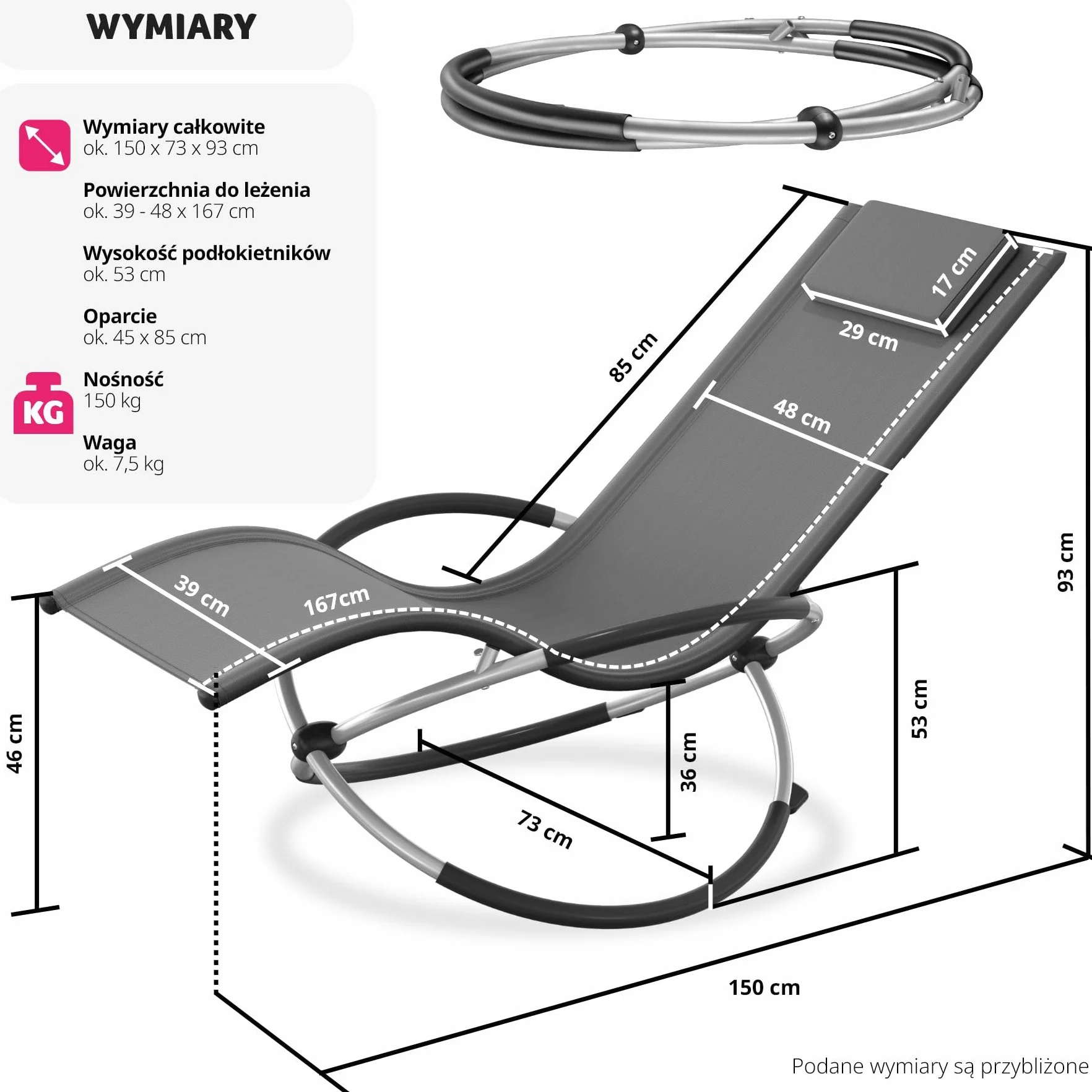 tectake® Ogrodowy Fotel Bujany, Ergonomiczny Składany Leżak z Oddychającym Materiałem Textilene i Zdejmowaną Poduszką, Solidna Stalowa Rama, Ochrona przed Wywróceniem (Szary)