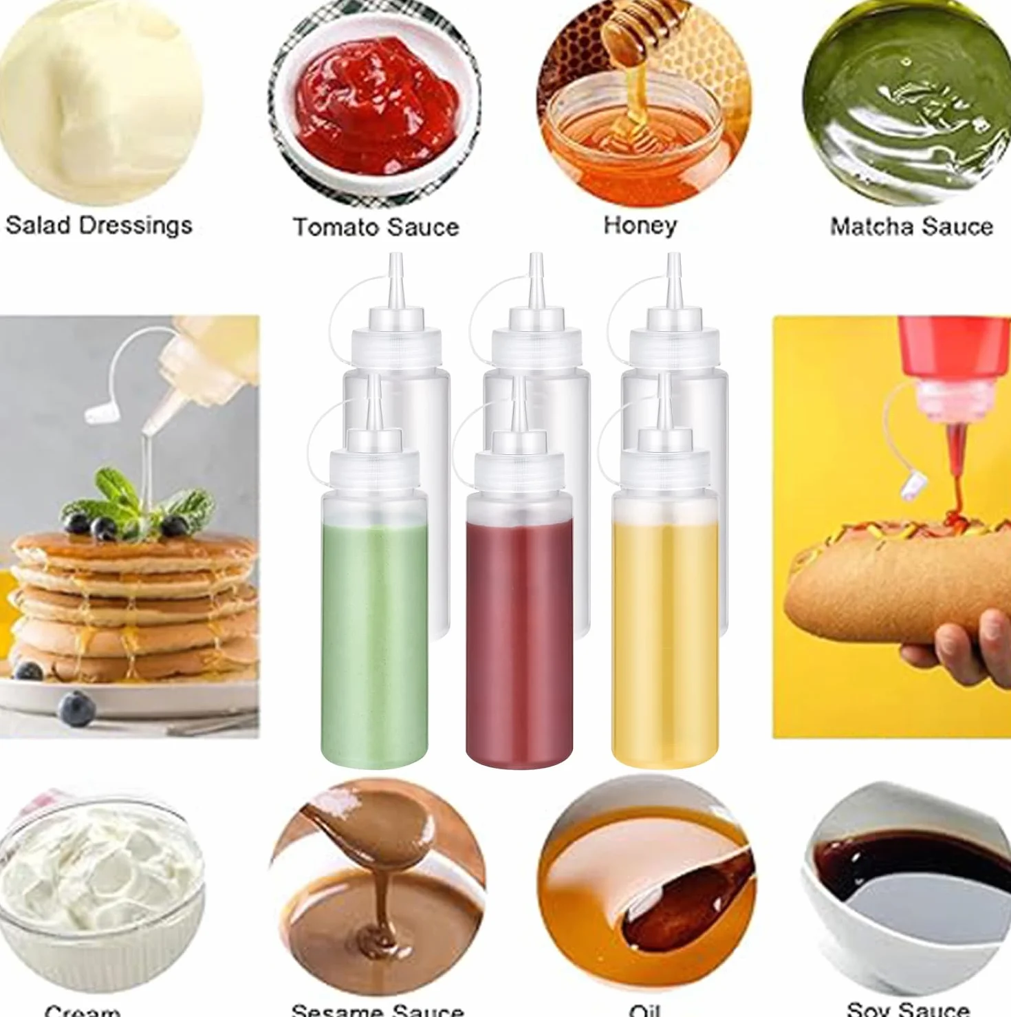 6 sztuk butelek wyciskanych, 240 ml, z nakrętkami, szczelna, z tworzywa sztucznego, butelka dozująca, butelka na olej, dozownik do keczupu, gorących sosów, sosów sałatkowych, malowania