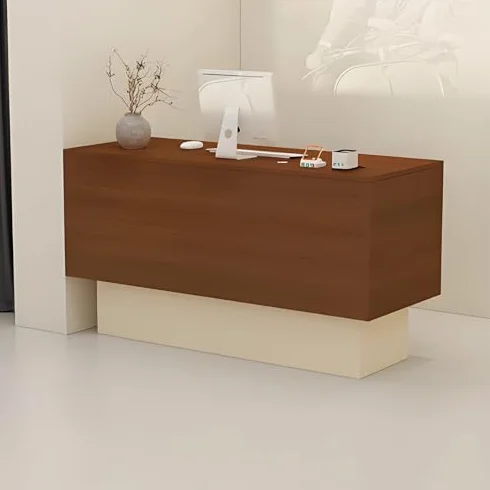Biurko recepcyjne z zamykaną szufladą, kasa fiskalna do salonu holu biura biznesowego (orzech i krem 140 cm) stylowe i funkcjonalne rozwiązanie meblowe