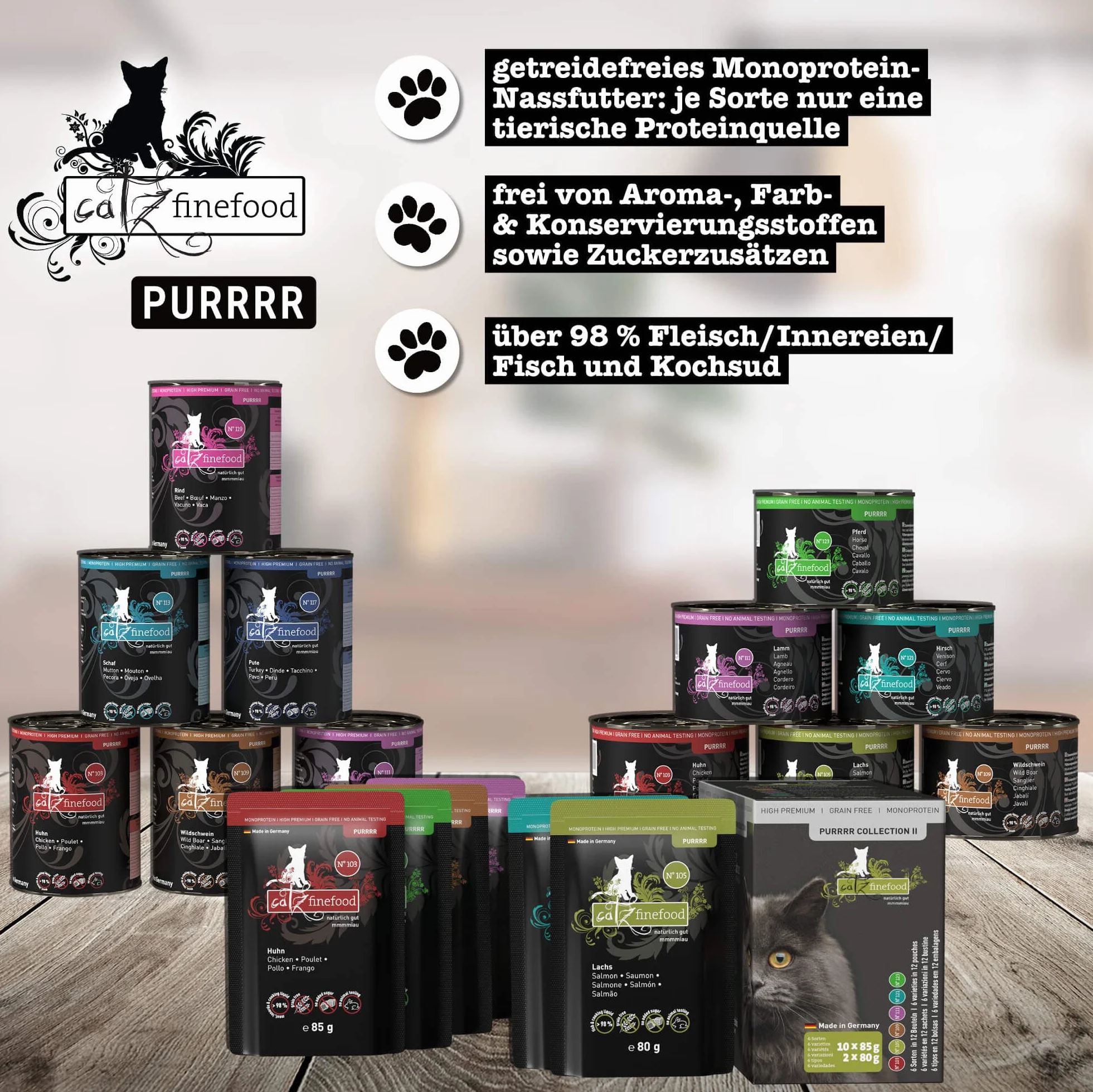 catz finefood Purrrr Monoprotein karma dla kotów mokra nr 113, dla kotów wrażliwych na odżywianie, 70% zawartości mięsa, puszka 6 x 400 g