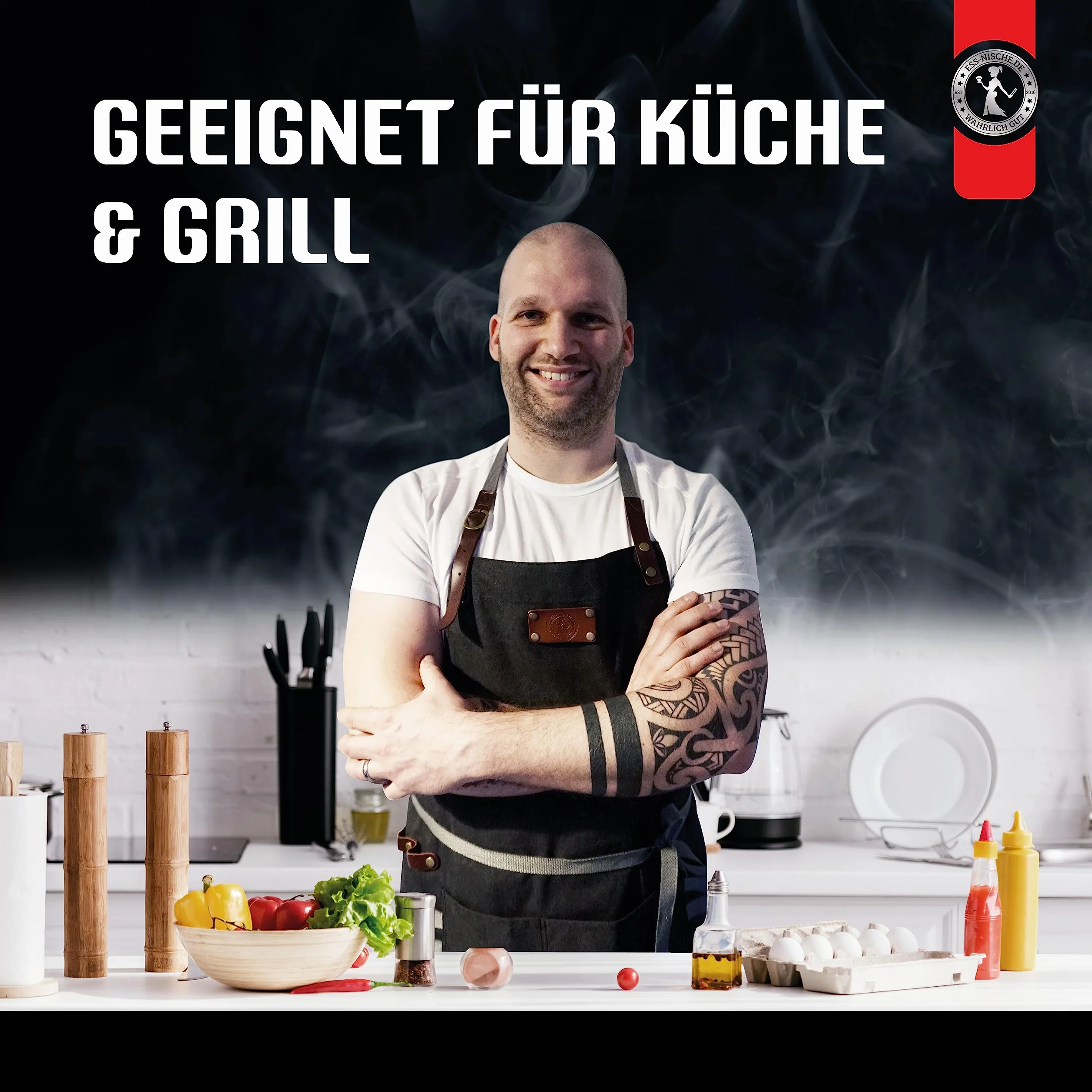Ess-Nische® Fartuch kucharski, fartuch do grillowania dla mężczyzn i kobiet, fartuch kuchenny dla mężczyzn, idealny jako prezent dla mężczyzn, babci lub dziadka, bardzo długi fartuch dżinsowy, wiele