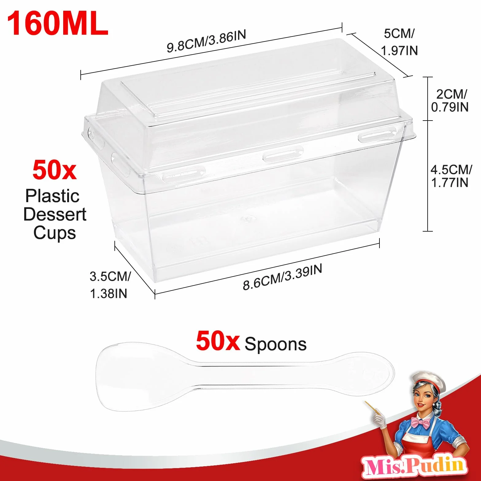 50 sztuk mini kubeczków deserowych, 160 ml prostokątne szklanki deserowe z pokrywką i łyżeczką, szklanki deserowe plastikowe wielokrotnego użytku, puddingów, musów, na przyjęcia